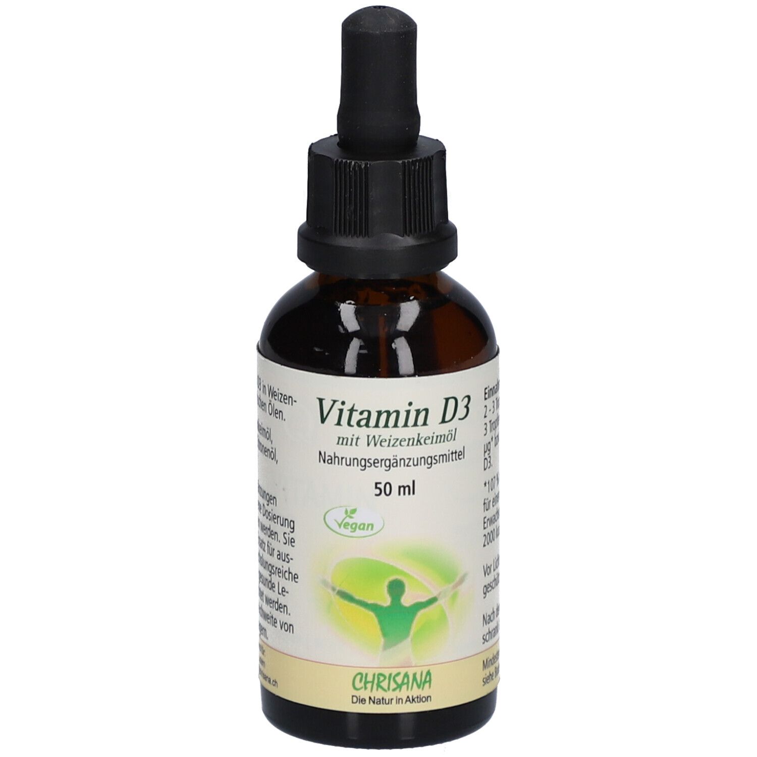 Flacon en verre brun avec bouchon noir et pipette. Étiquette avec informations produit: Vitamine D3 avec huile de germe de blé, 50 ml.