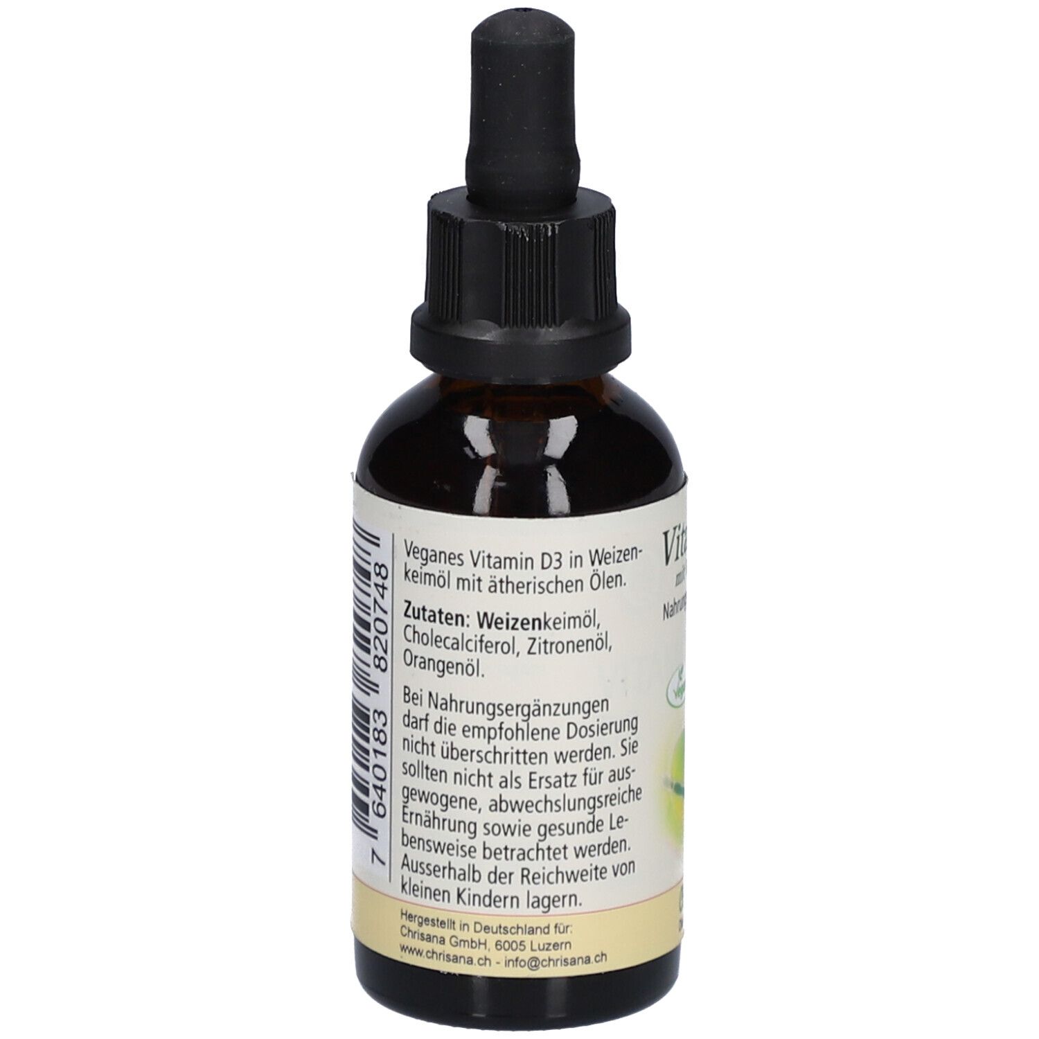 Dos du flacon en verre brun. Étiquette avec ingrédients, avertissements et informations fabricant. Sceau végétalien.