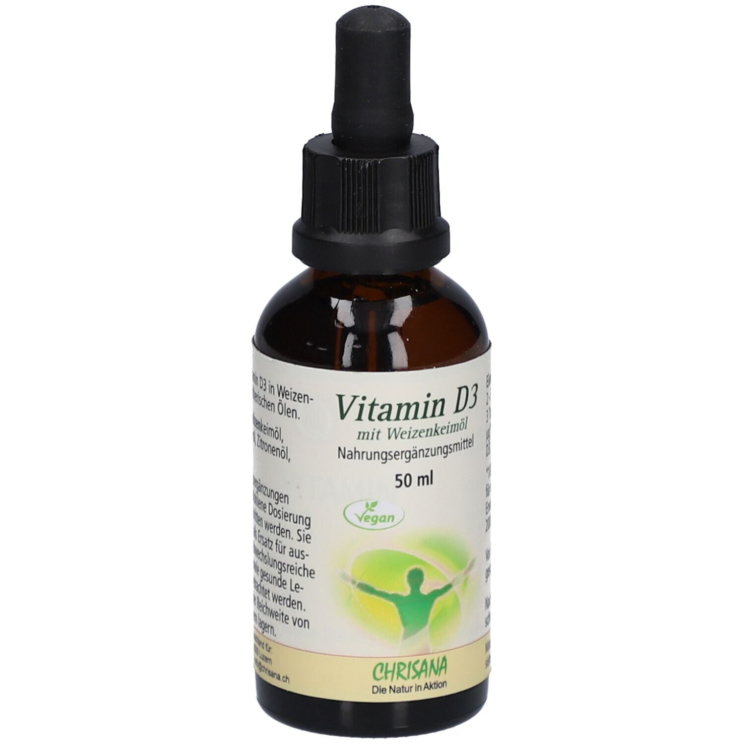 Flacon en verre brun avec bouchon noir et pipette. Étiquette avec informations produit: Vitamine D3 avec huile de germe de blé, 50 ml. Sceau végétalien.