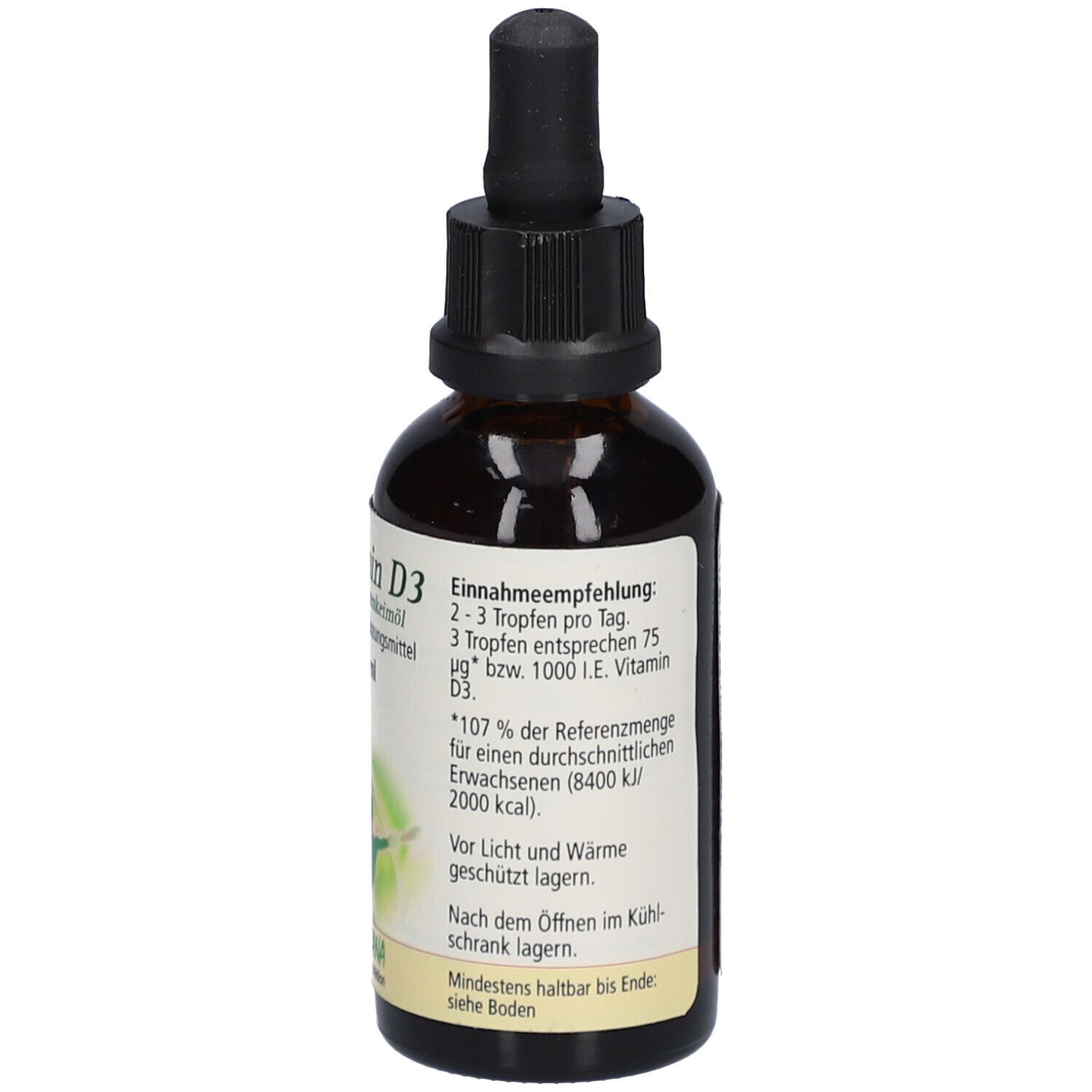 Flacon en verre brun avec bouchon noir et pipette. Étiquette avec informations produit, recommandation de dosage. Sceau végétalien.