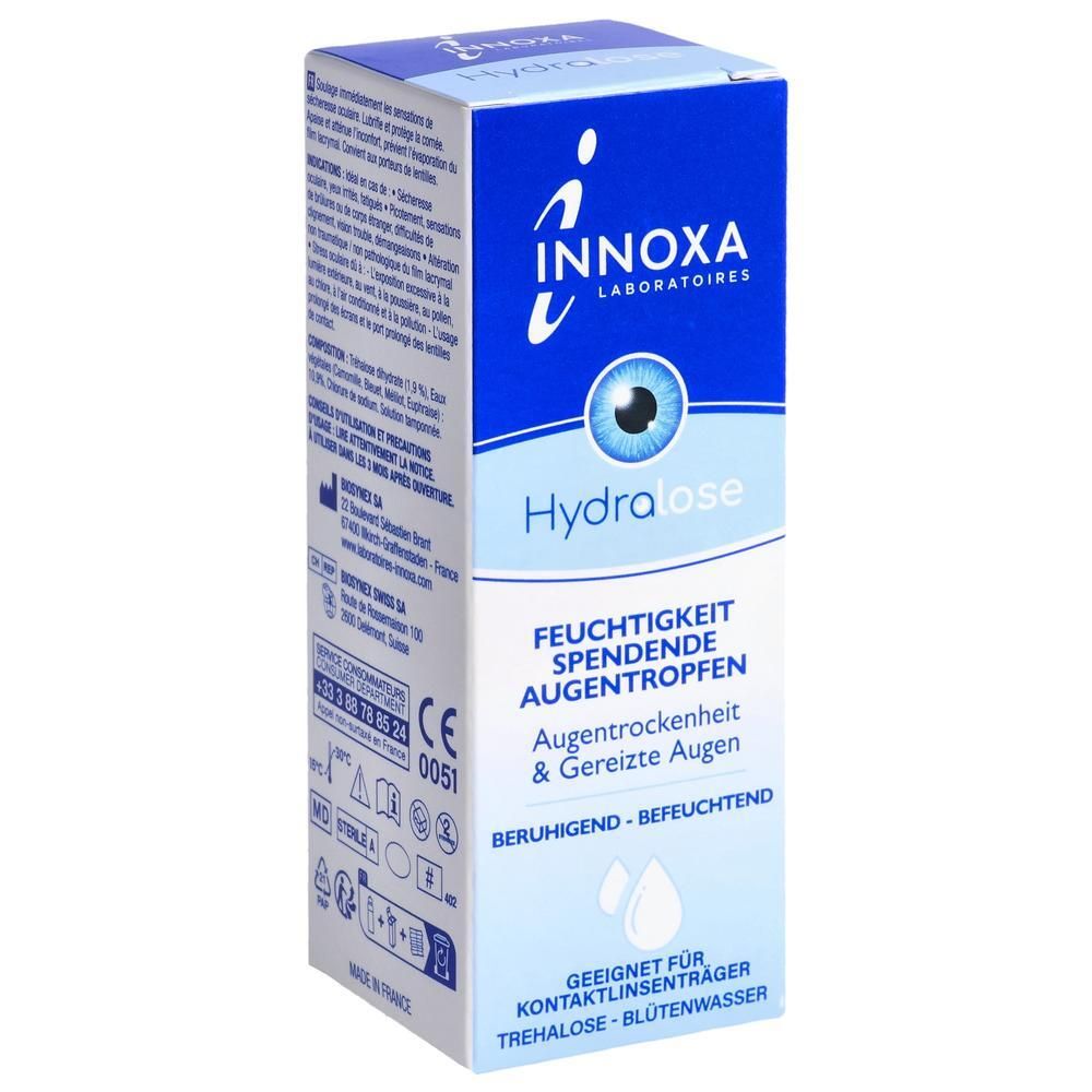 INNOXA Hydralose Augentropfen Verpackung mit detaillierten Anwendungsinformationen und CE-Kennzeichnung.