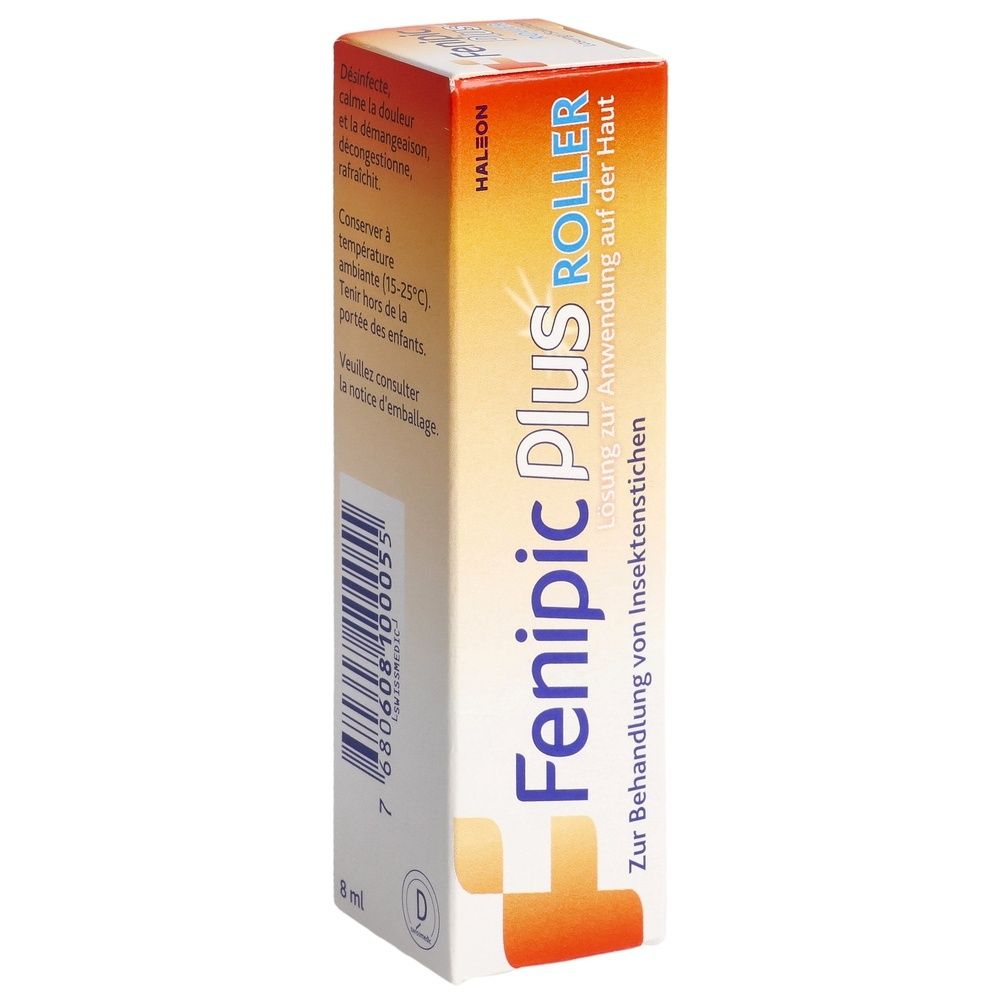 Kartonverpackung mit Produktnamen Fenipic Plus Roller. Text: Zur Behandlung von Insektenstichen. Orange-weißes Design.