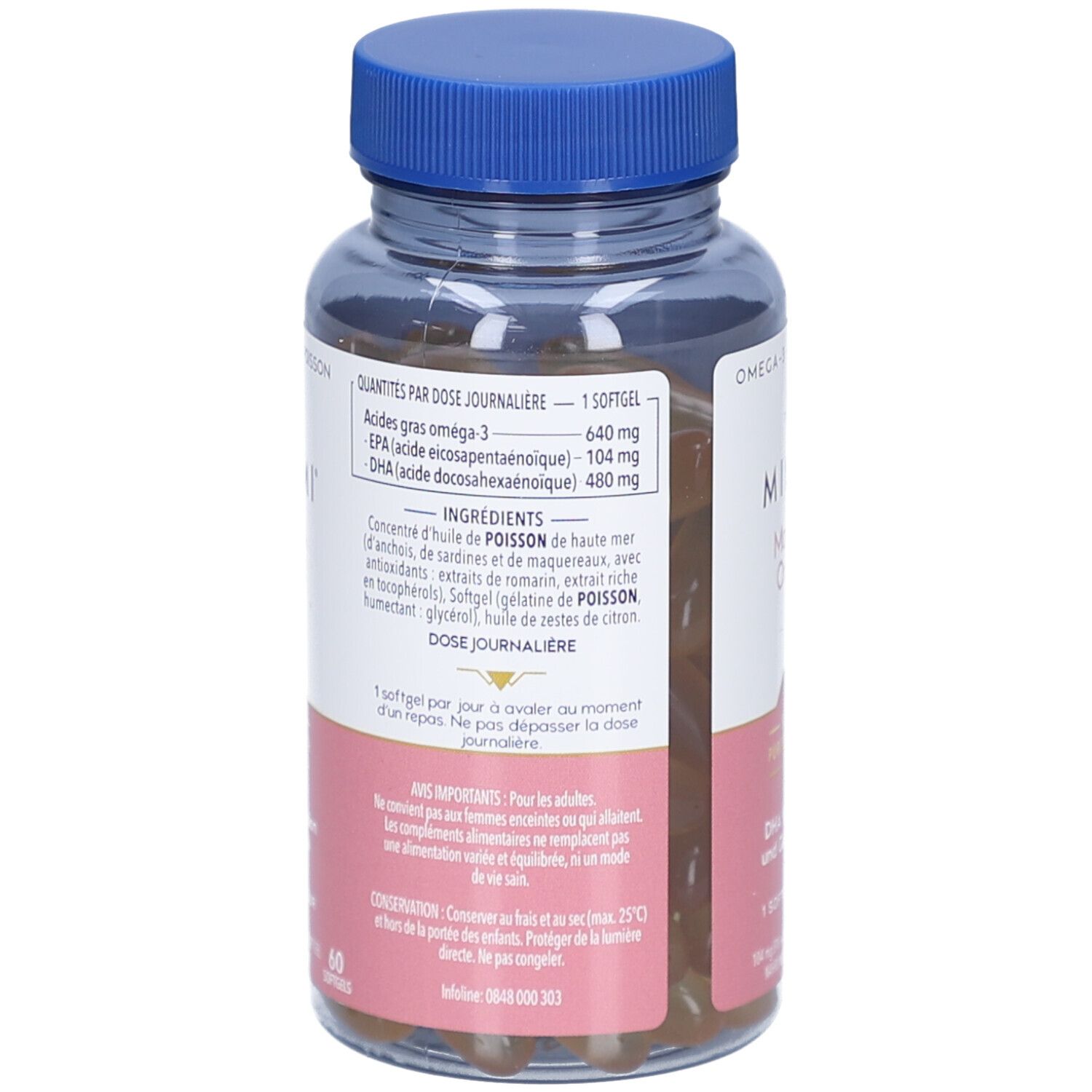 Rückseite der Flasche mit blauer Kappe. Enthält Kapseln. Etikett mit Inhaltsstoffen und Dosierung. 60 Kapseln.