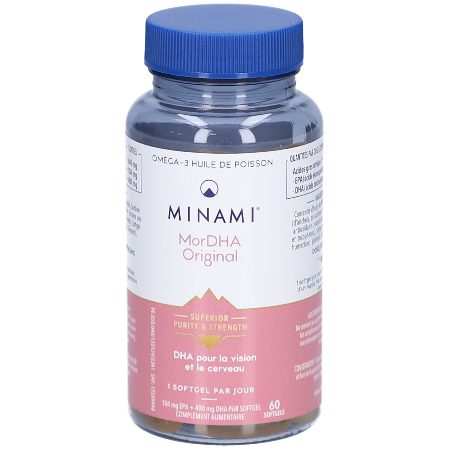 Klare Flasche mit blauer Kappe. Enthält Kapseln. Etikett mit MINAMI MorDHA Original, DHA für Seh- und Gehirnfunktion. 60 Kapseln.