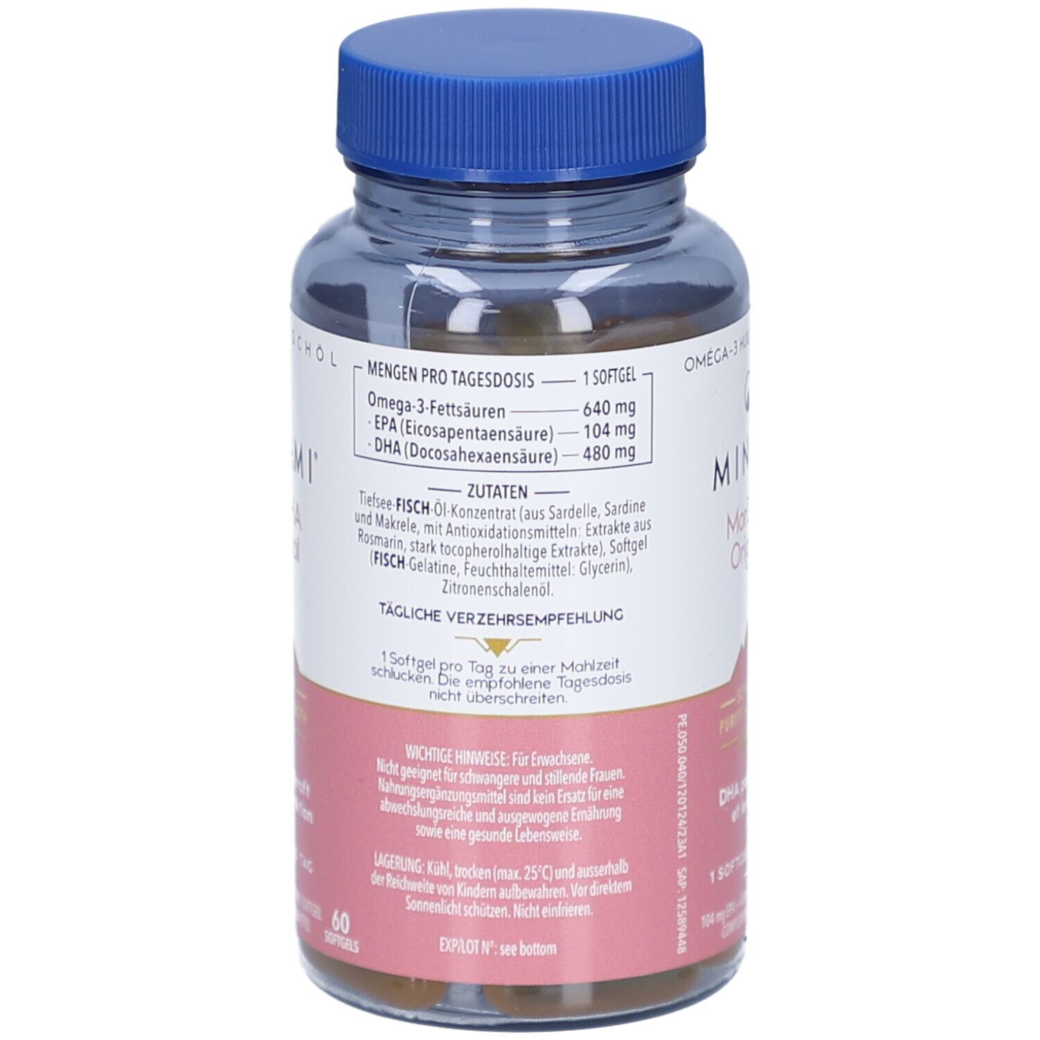 Rückseite der Flasche mit blauer Kappe. Enthält Kapseln. Etikett mit Inhaltsstoffen und Dosierung. 60 Kapseln.