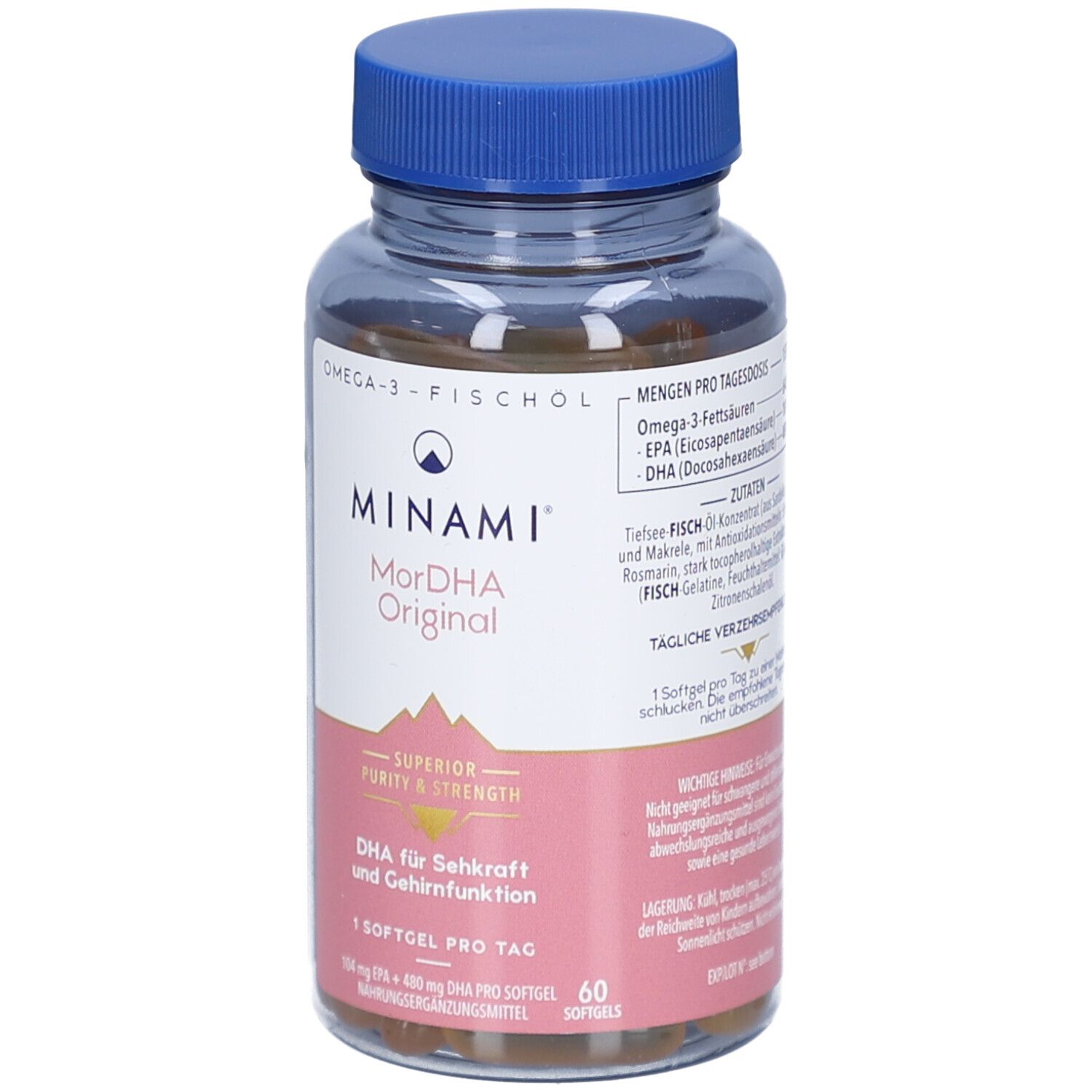 Klare Flasche mit blauer Kappe. Enthält Kapseln. Etikett mit MINAMI MorDHA Original, DHA für Seh- und Gehirnfunktion. 60 Kapseln.