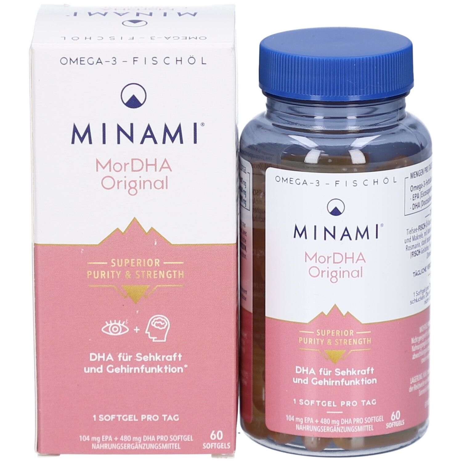 Flasche und Schachtel. Flasche mit blauer Kappe. Schachtel mit MINAMI MorDHA Original, DHA für Seh- und Gehirnfunktion. 60 Kapseln.