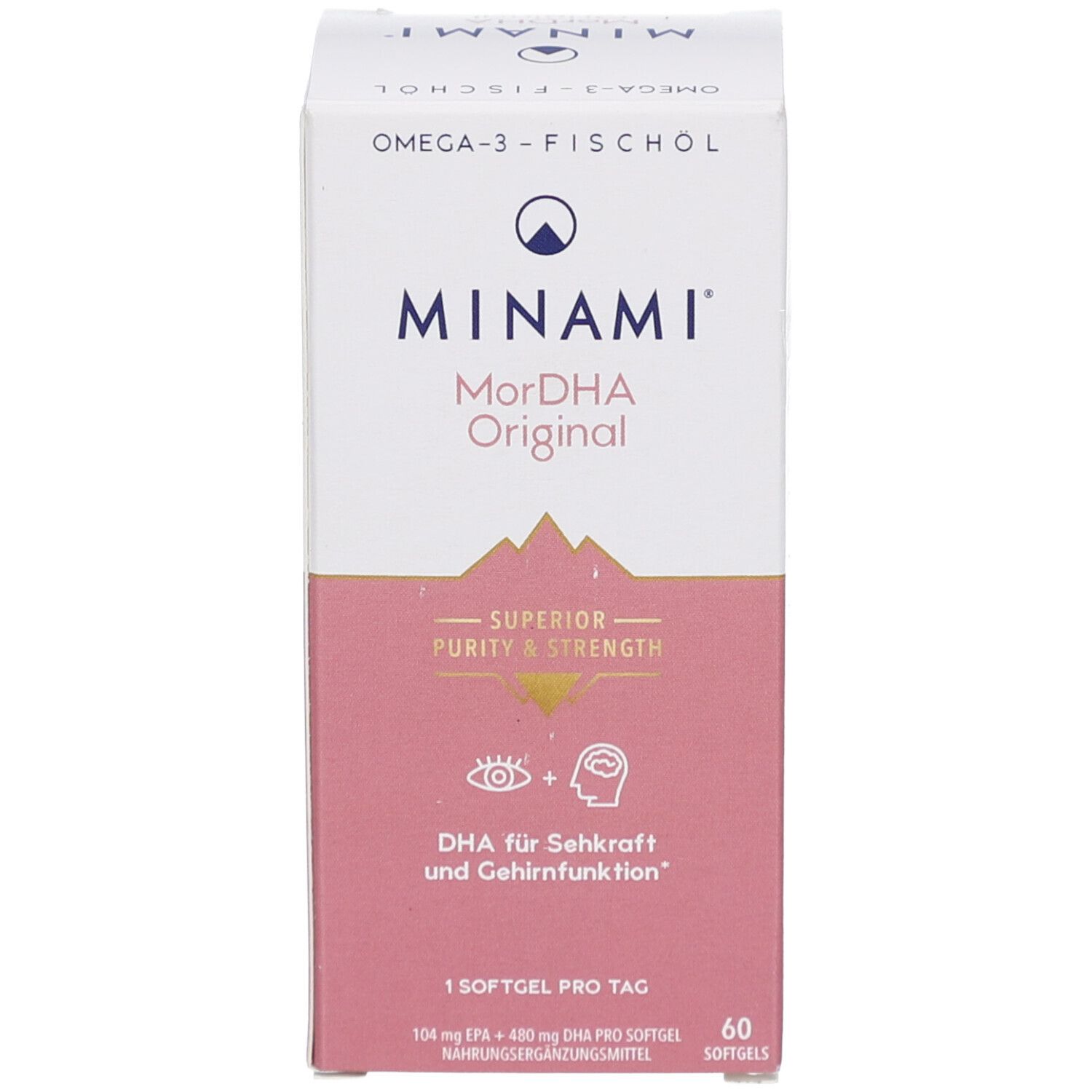 Schachtel mit MINAMI MorDHA Original, DHA für Seh- und Gehirnfunktion. 60 Kapseln. Mit Augen- und Gehirn-Symbolen.