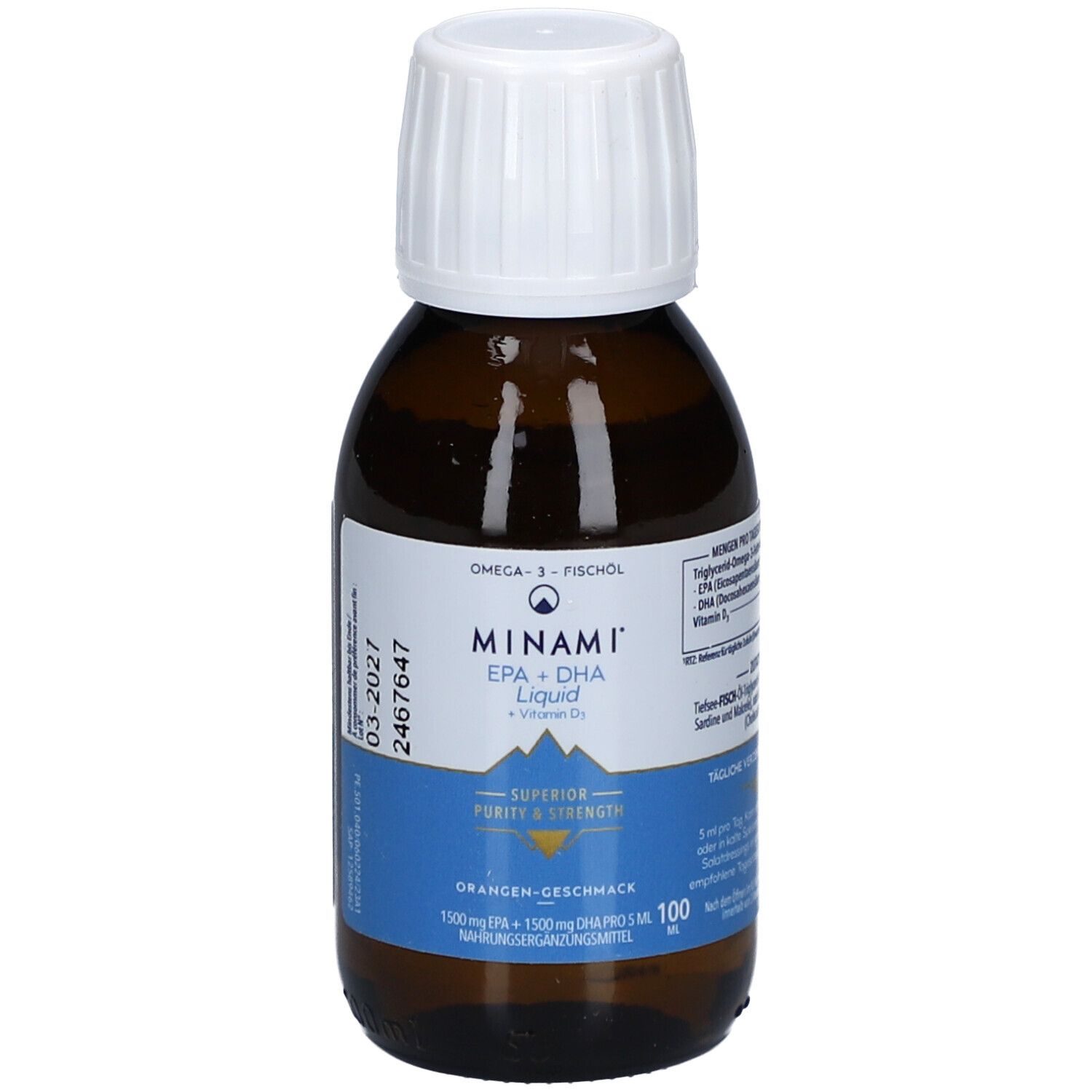 Braune Flasche mit weißem Deckel. Aufschrift: MINAMI EPA+DHA Liquid + Vitamin D. Orangen-Geschmack. Etikett mit Inhaltsangaben.