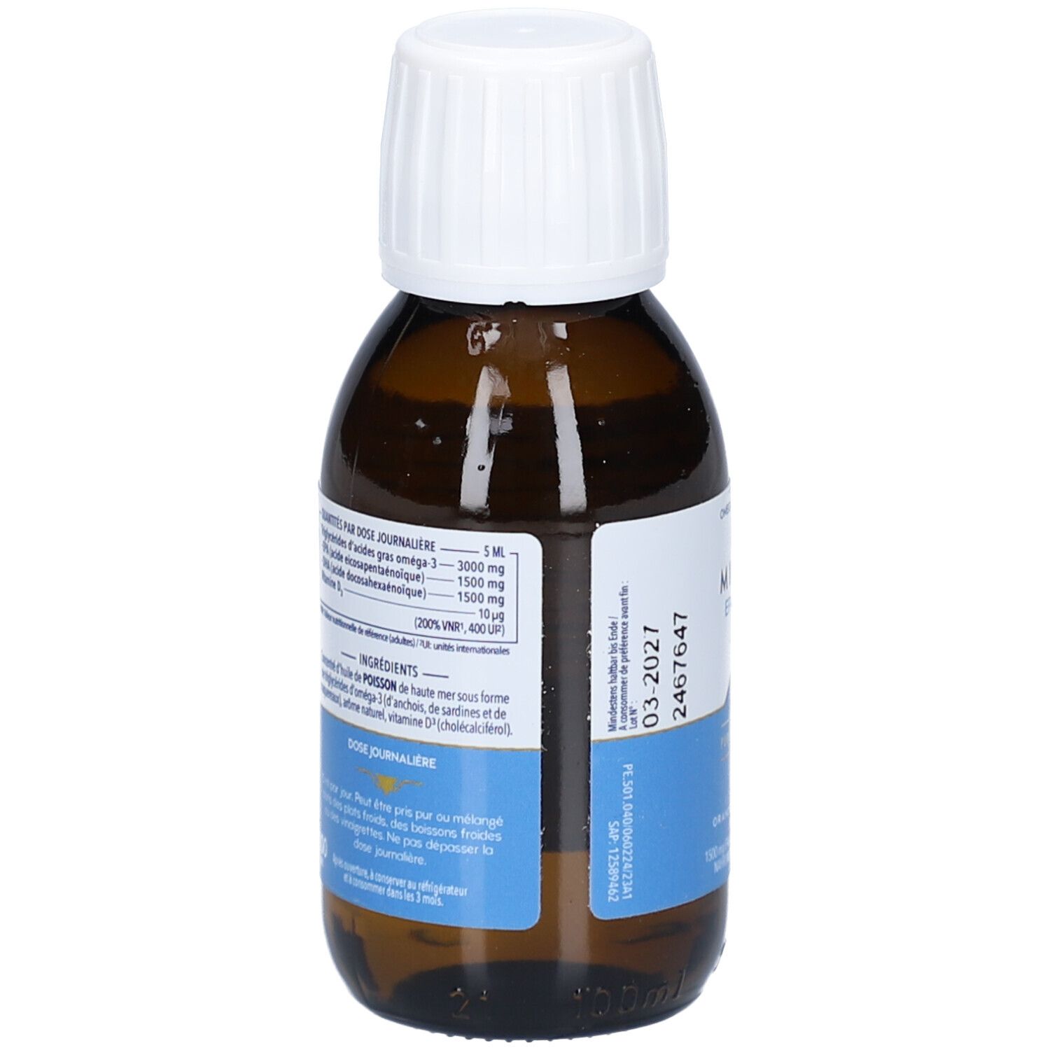 Braune Flasche mit weißem Deckel. Etikett mit Inhaltsstoffen und Dosierung. MINAMI EPA+DHA Liquid.