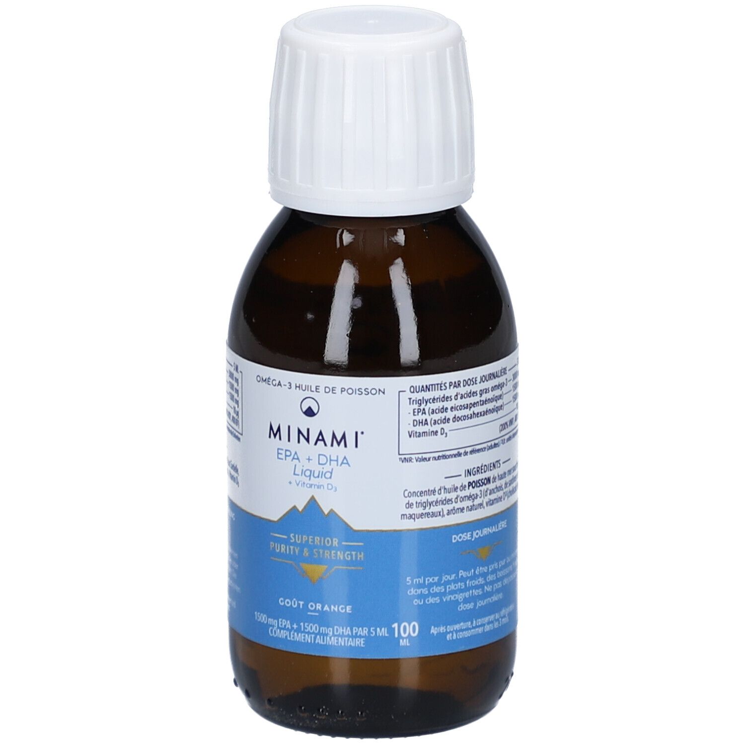 Braune Flasche mit weißem Deckel. Aufschrift: MINAMI EPA+DHA Liquid + Vitamin D. Orangen-Geschmack. Etikett mit Inhaltsangaben.