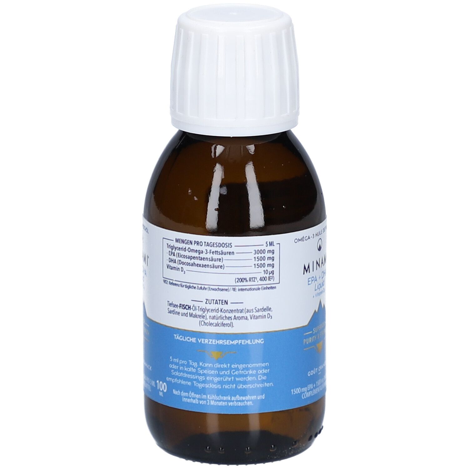 Braune Flasche mit weißem Deckel. Aufschrift: MINAMI EPA+DHA Liquid + Vitamin D. Etikett mit Inhaltsangaben.