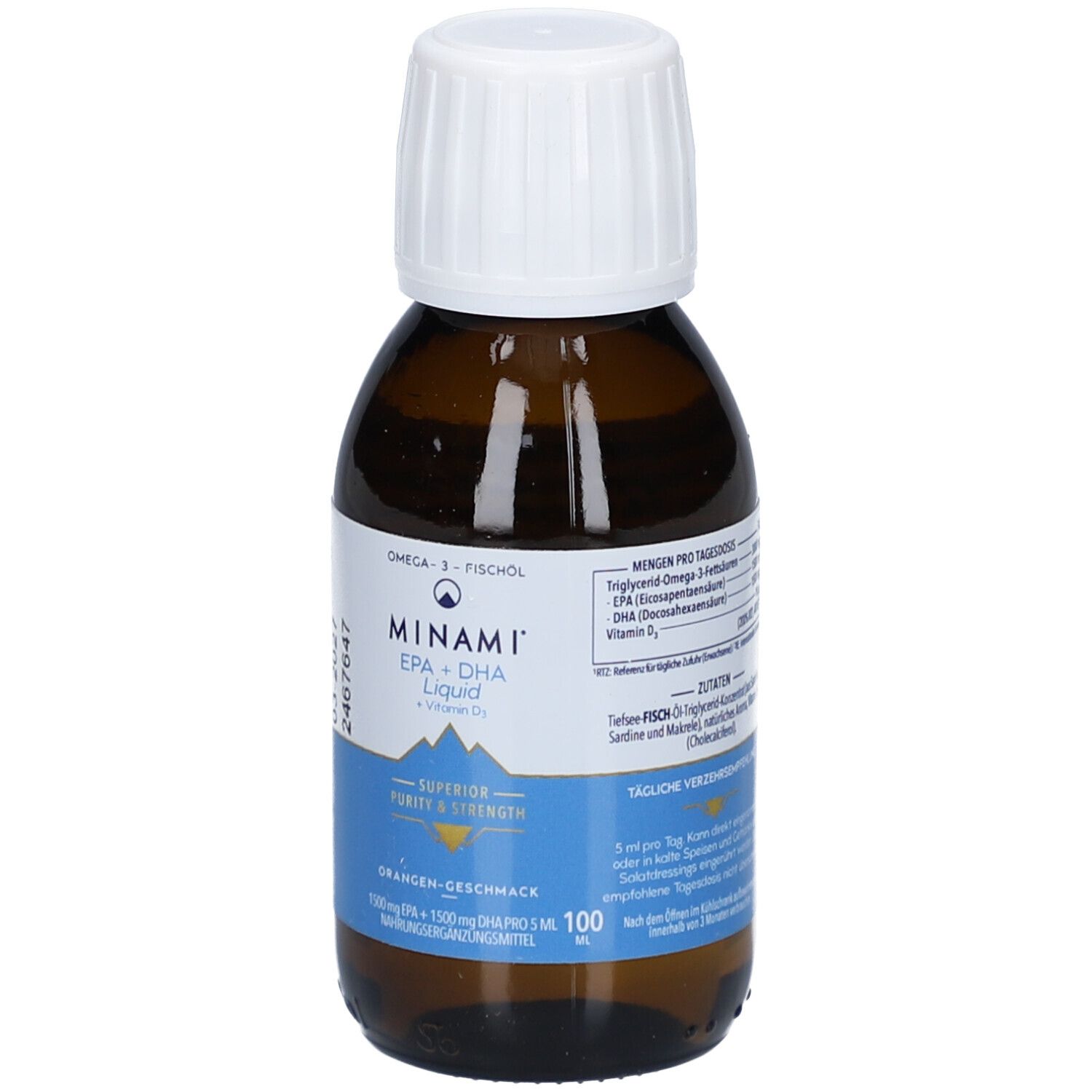 Braune Flasche mit weißem Deckel. Aufschrift: MINAMI EPA+DHA Liquid + Vitamin D. Etikett mit Inhaltsangaben.