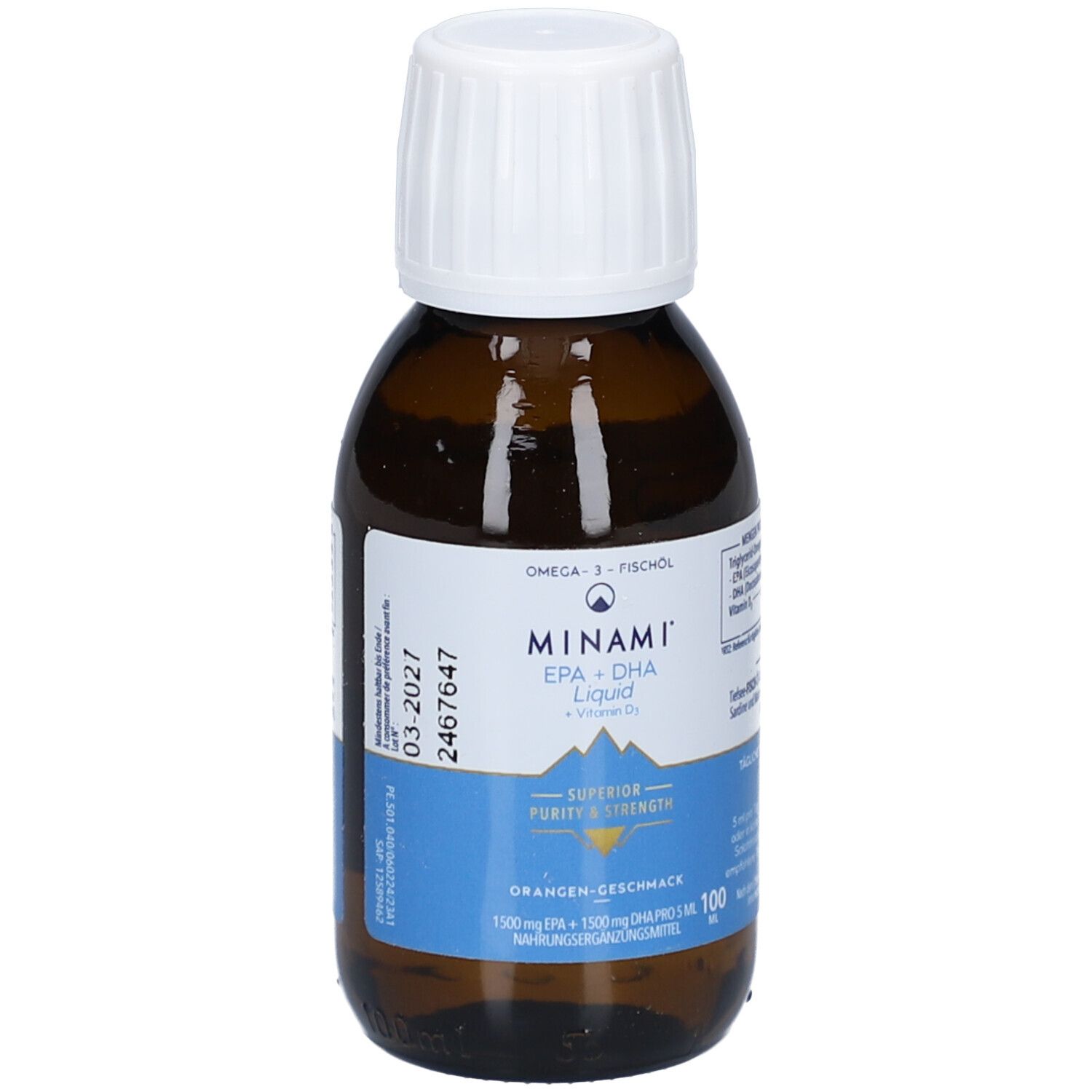 Braune Flasche mit weißem Deckel. Aufschrift: MINAMI EPA+DHA Liquid + Vitamin D. Orangen-Geschmack. Etikett mit Inhaltsangaben.