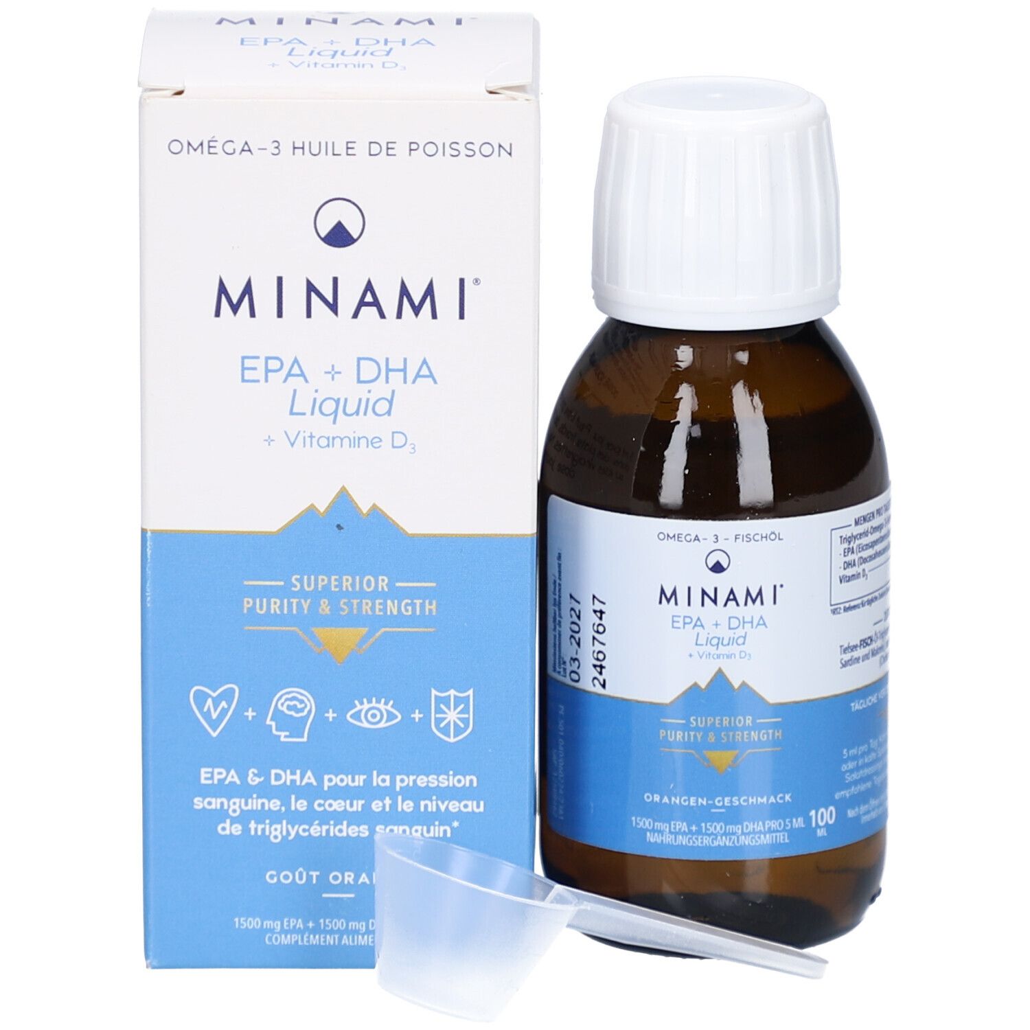 Produktflasche und Verpackung. MINAMI EPA+DHA Liquid + Vitamin D. Mit Messbecher. Orangen-Geschmack.