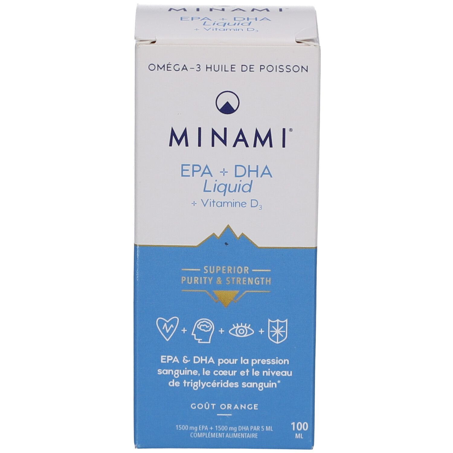Produktverpackung. MINAMI EPA+DHA Liquid + Vitamin D. Aufschrift: Omega-3 Fischöl. Orangen-Geschmack.