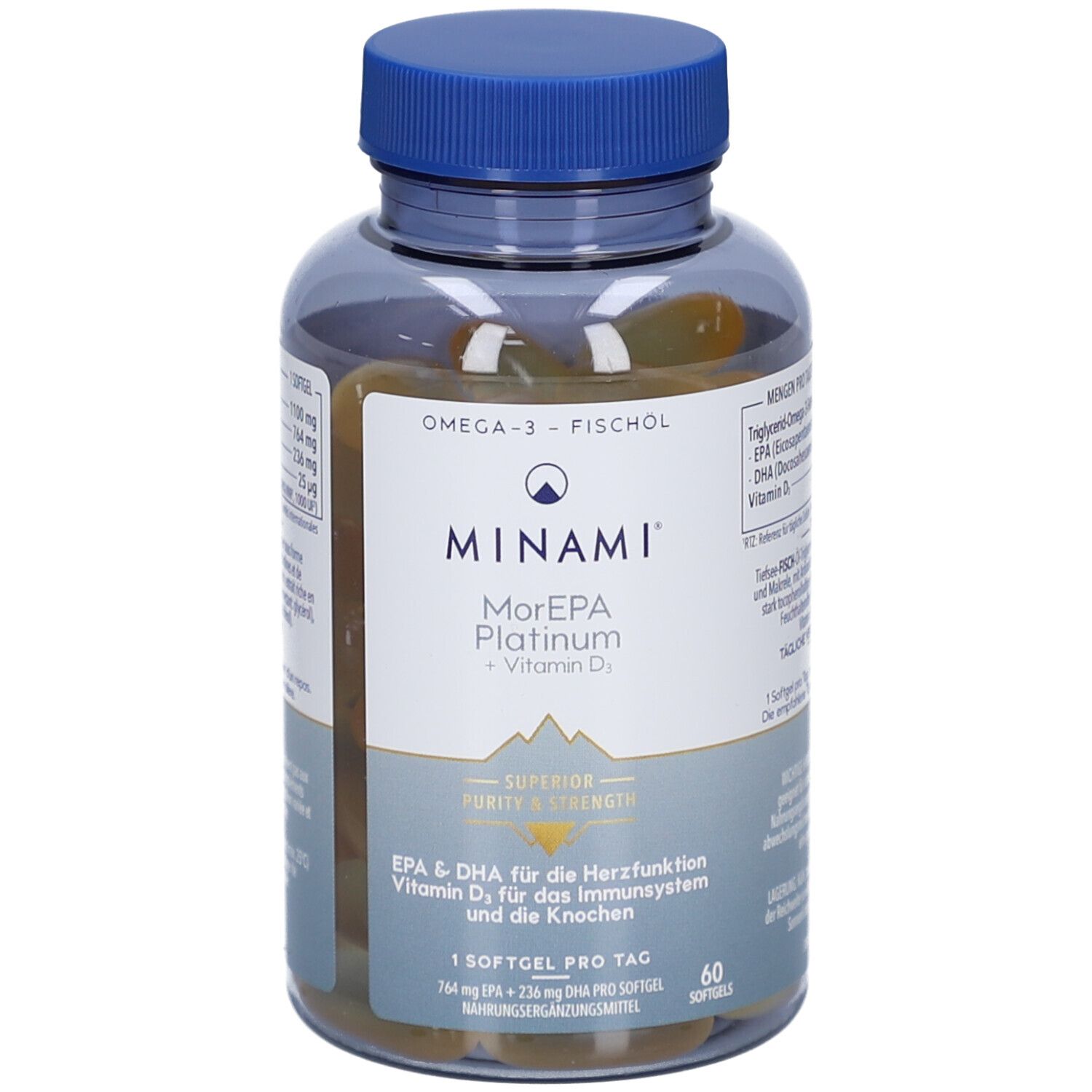Klare Flasche mit Kapseln. Blauer Deckel. MINAMI MorEPA Platinum + Vitamin D₃. EPA & DHA für Herzfunktion, Immunsystem und Knochen. 60 Softgels.