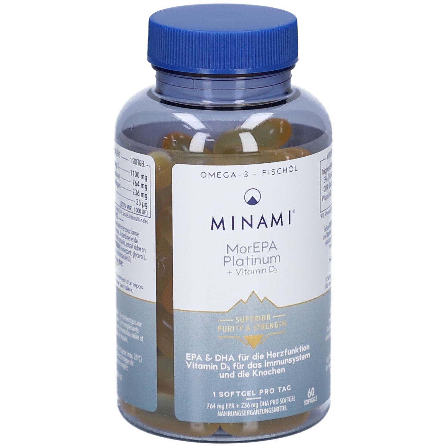 Klare Flasche mit Kapseln. Blauer Deckel. MINAMI MorEPA Platinum + Vitamin D₃. EPA & DHA für Herzfunktion, Immunsystem und Knochen. 60 Softgels.