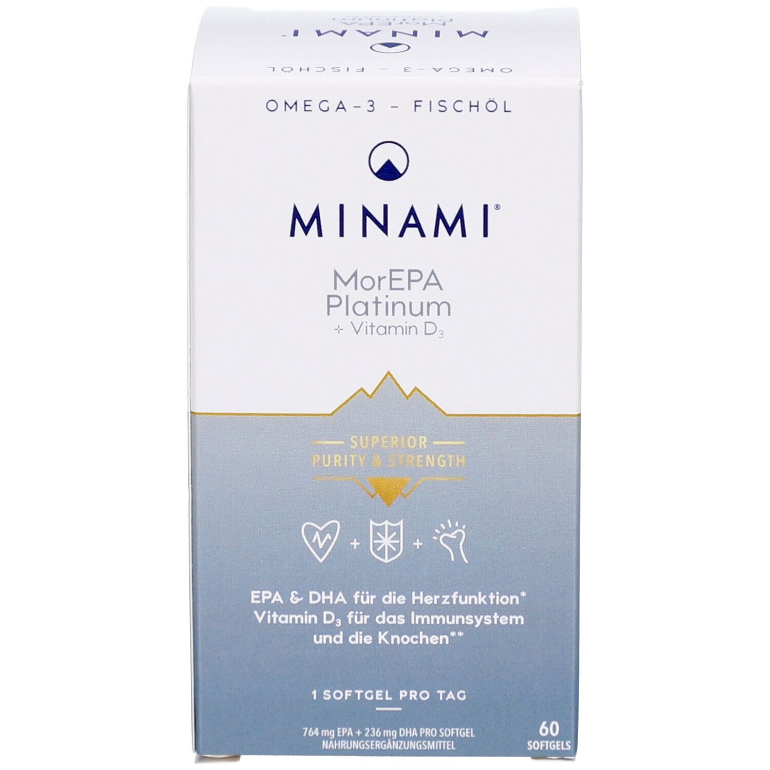 Schachtel MINAMI MorEPA Platinum + Vitamin D₃. EPA & DHA für Herzfunktion, Immunsystem und Knochen. 60 Softgels. Blauer Hintergrund.