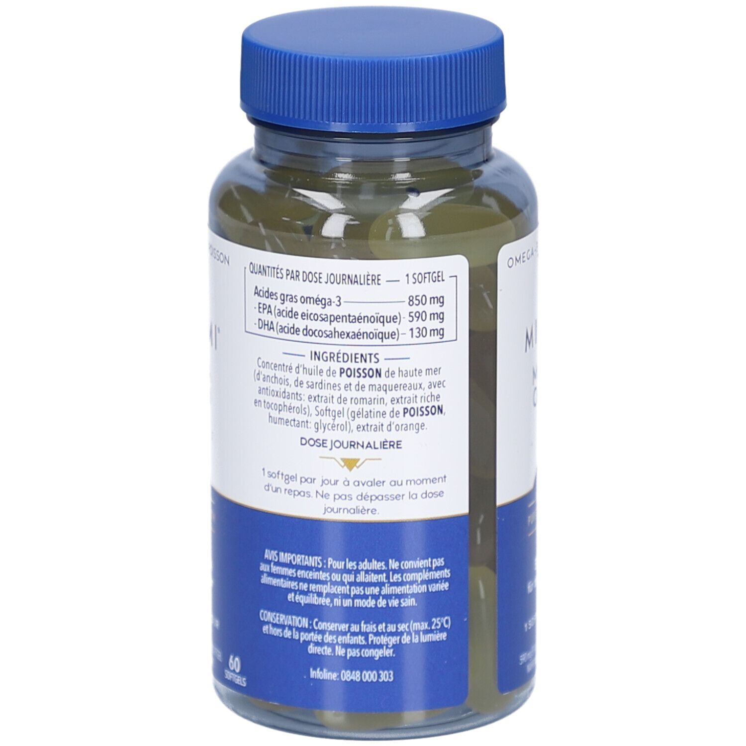 Rückseite der MINAMI MorEPA Original Flasche. Enthält Informationen zu Inhaltsstoffen und Dosierung. 60 Softgels.