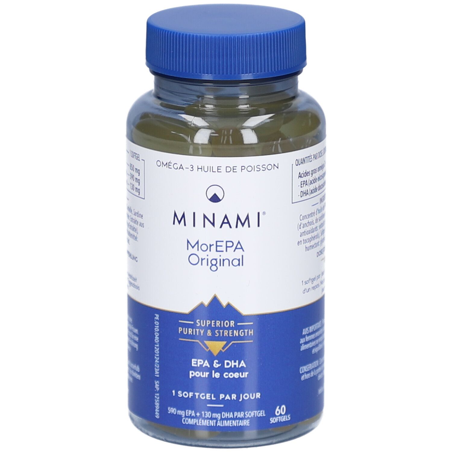 MINAMI MorEPA Original Flasche mit 60 Kapseln. Blaue Kappe, weißes Etikett. EPA & DHA für das Herz.