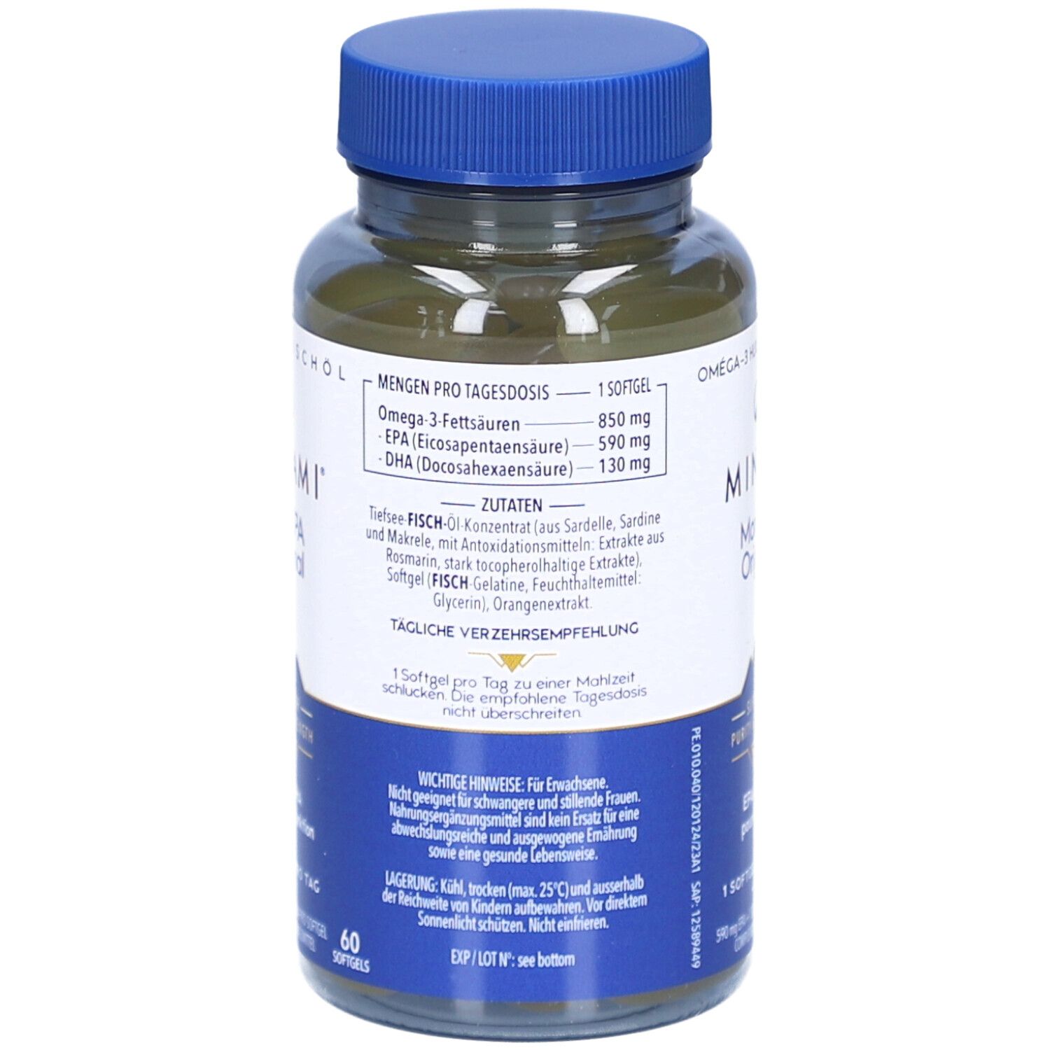 Rückseite der MINAMI MorEPA Original Flasche. Enthält Informationen zu Inhaltsstoffen und Dosierung. 60 Softgels.