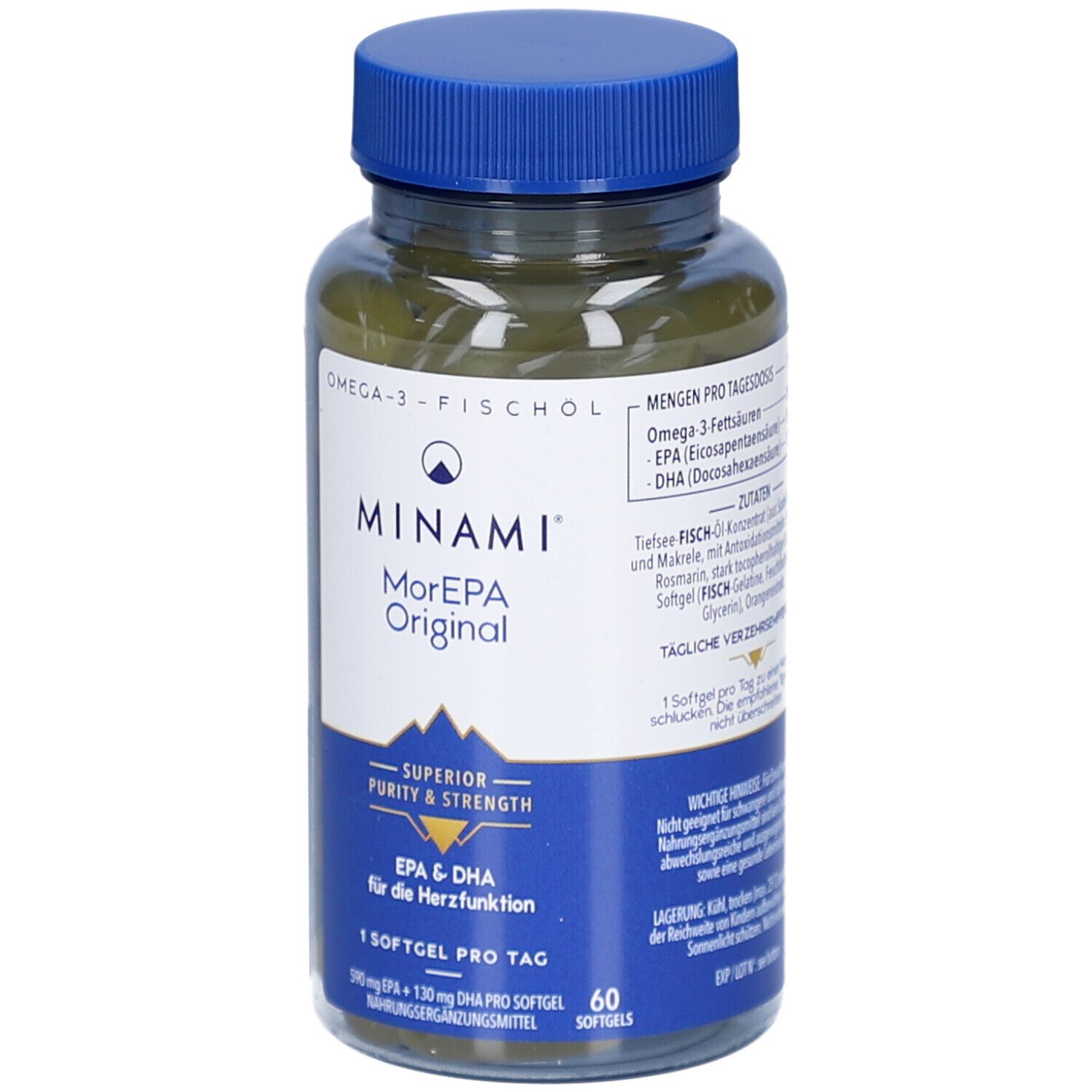 MINAMI MorEPA Original Flasche mit 60 Kapseln. Blaue Kappe, weißes Etikett. EPA & DHA für die Herzfunktion.