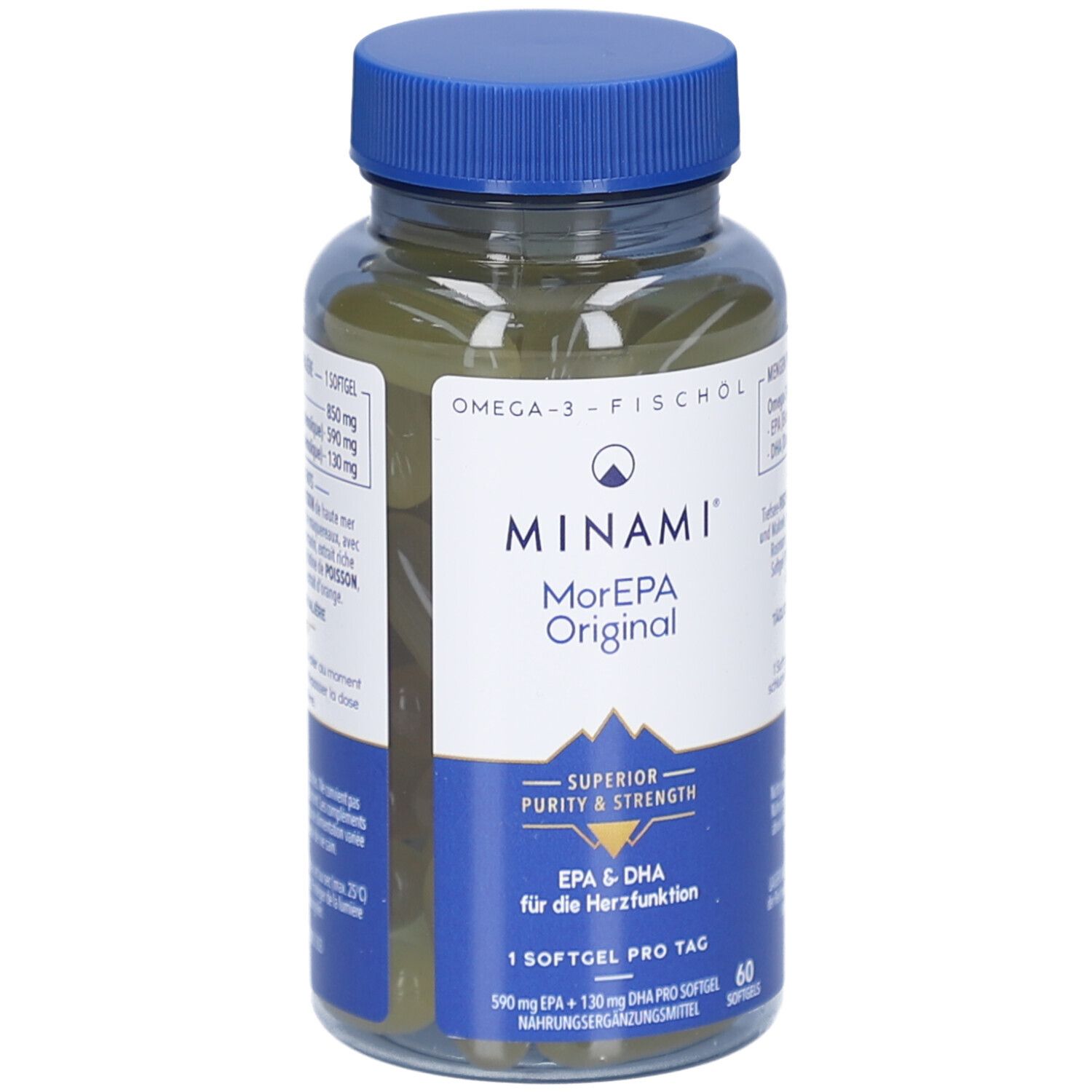 MINAMI MorEPA Original Flasche mit 60 Kapseln. Blaue Kappe, weißes Etikett. EPA & DHA für die Herzfunktion.