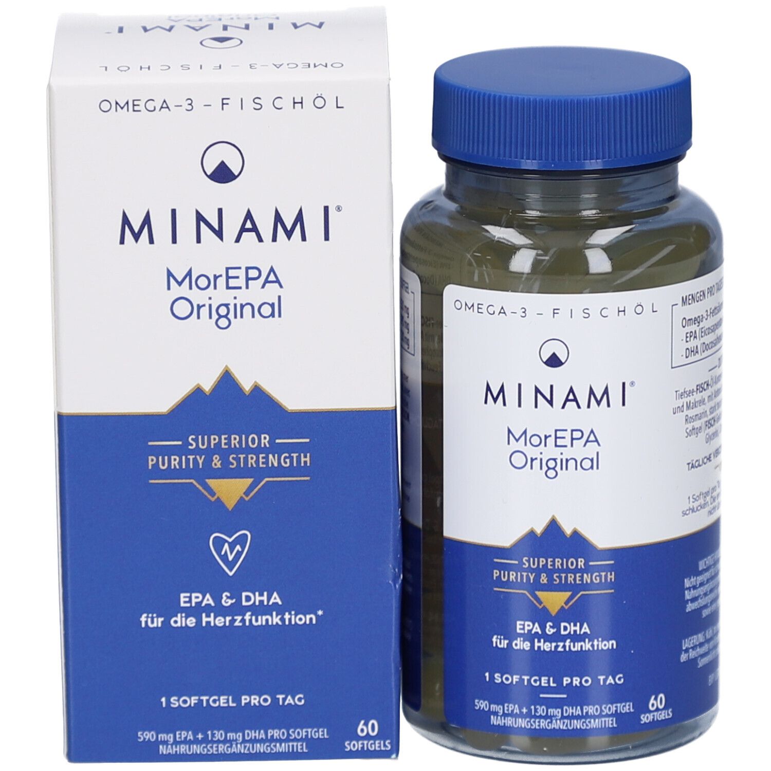 MINAMI MorEPA Original Flasche und Schachtel. 60 Kapseln. EPA & DHA für die Herzfunktion. Weißes Etikett.