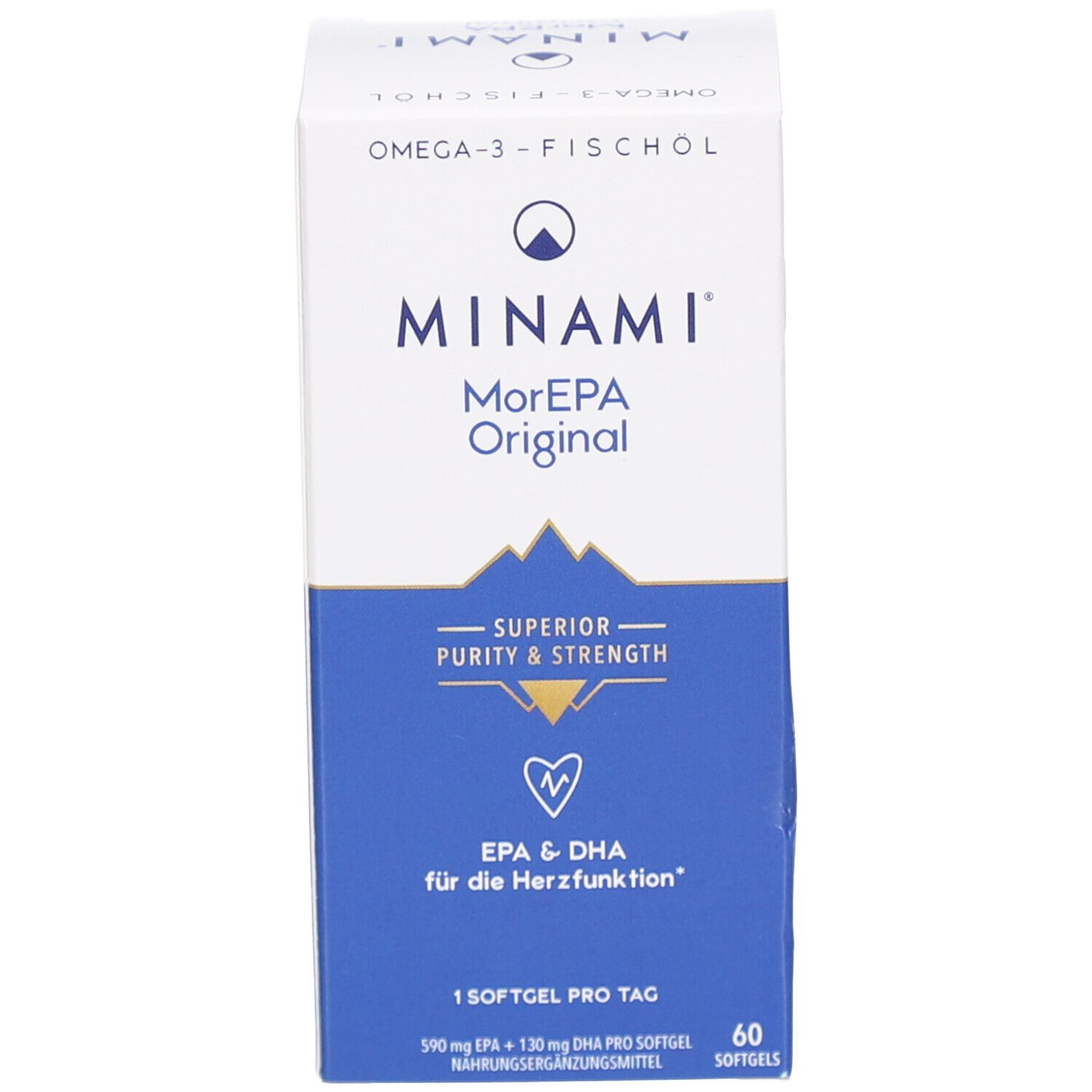 MINAMI MorEPA Original Schachtel. 60 Kapseln. EPA & DHA für die Herzfunktion. Weißes Etikett.