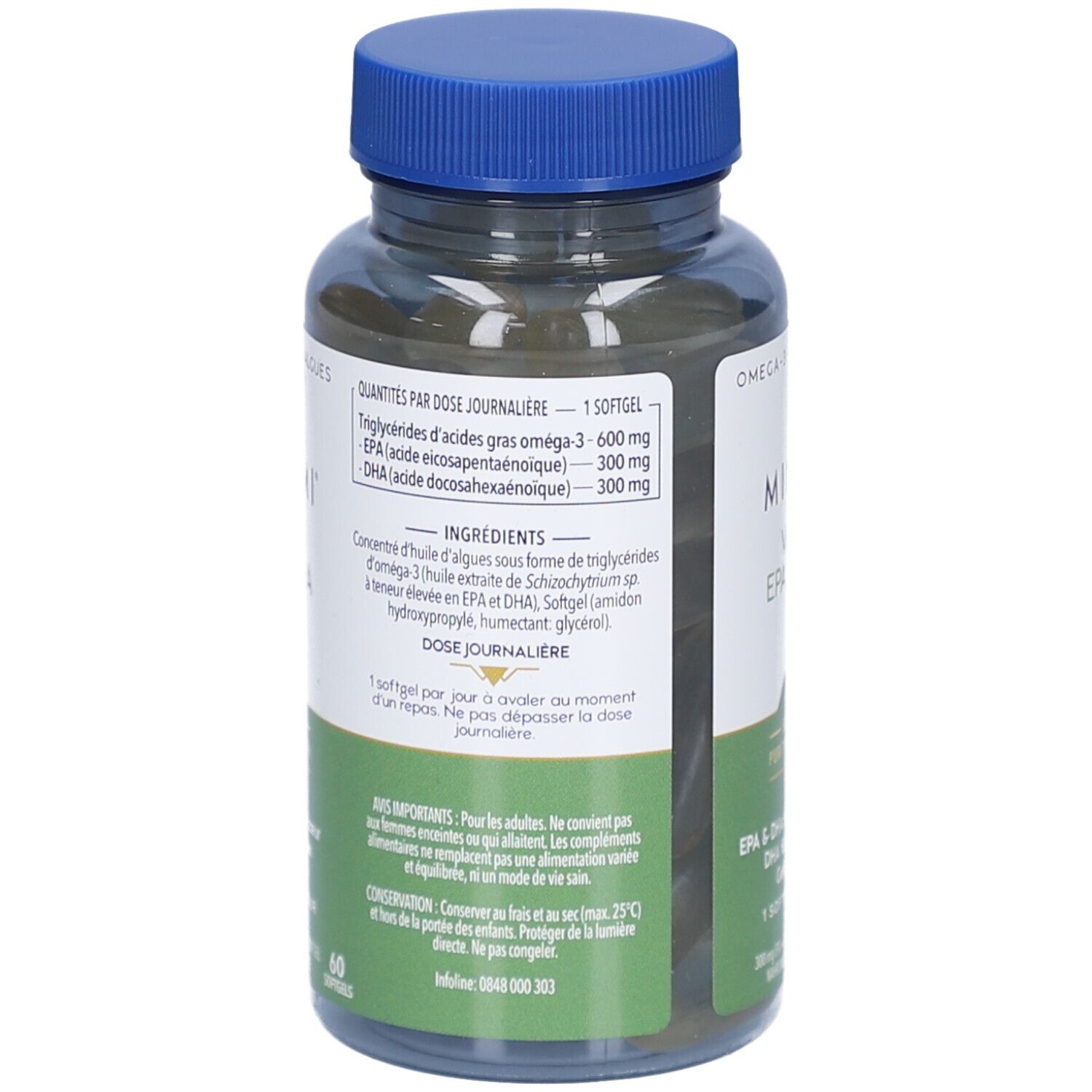 Dos du flacon de gélules brunes. Contient des informations sur les ingrédients et le dosage. Bouchon bleu.