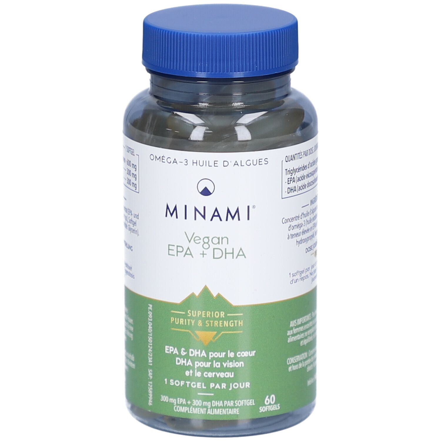 Flacon transparent de gélules brunes avec bouchon bleu. Inscription: MINAMI Vegan EPA + DHA. 60 gélules.