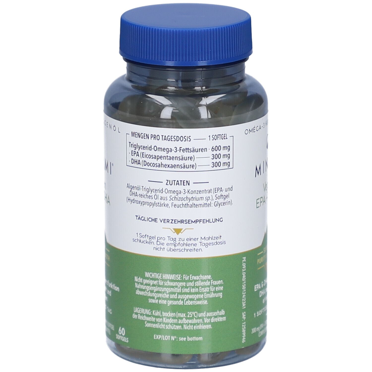 Dos du flacon de gélules brunes. Contient des informations sur les ingrédients et le dosage. Bouchon bleu.