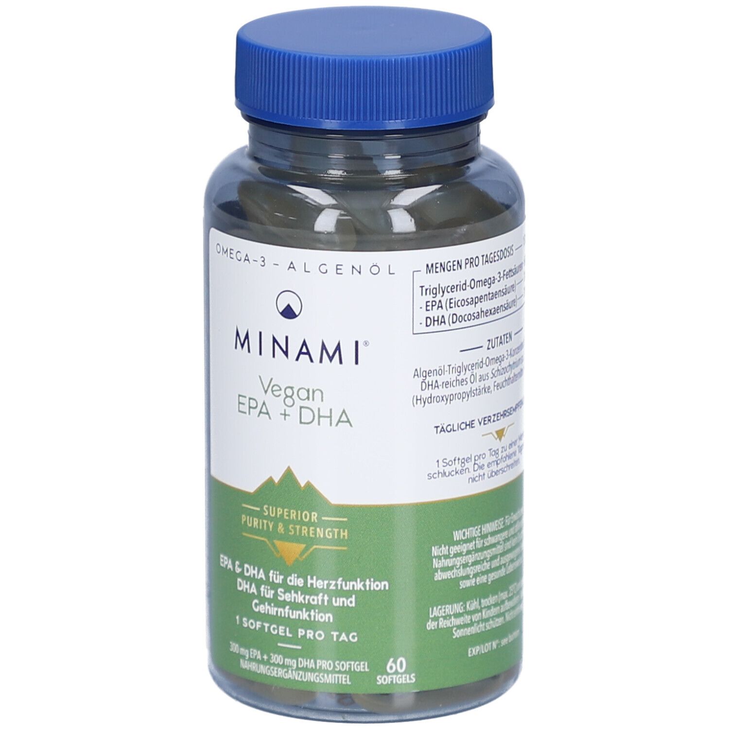 Flacon transparent de gélules brunes avec bouchon bleu. Inscription: MINAMI Vegan EPA + DHA. 60 gélules.