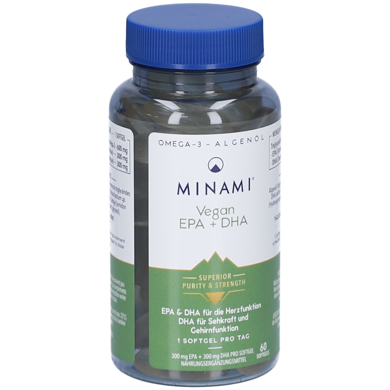 Flacon transparent de gélules brunes avec bouchon bleu. Inscription: MINAMI Vegan EPA + DHA. 60 gélules.