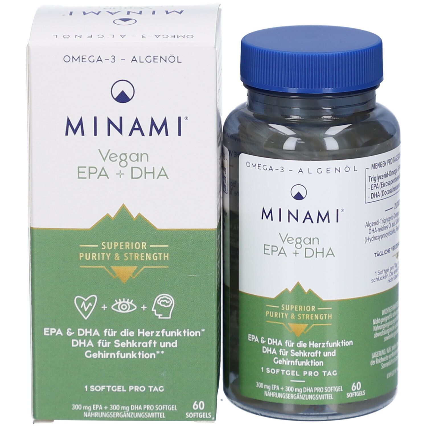 Emballage et flacon de gélules. Inscription: MINAMI Vegan EPA + DHA. 60 gélules. Couleurs vertes et blanches.