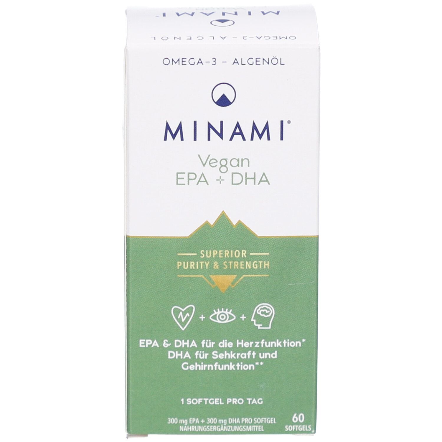 Emballage du produit avec inscription: MINAMI Vegan EPA + DHA. 60 gélules. Couleurs vertes et blanches. Illustrations.