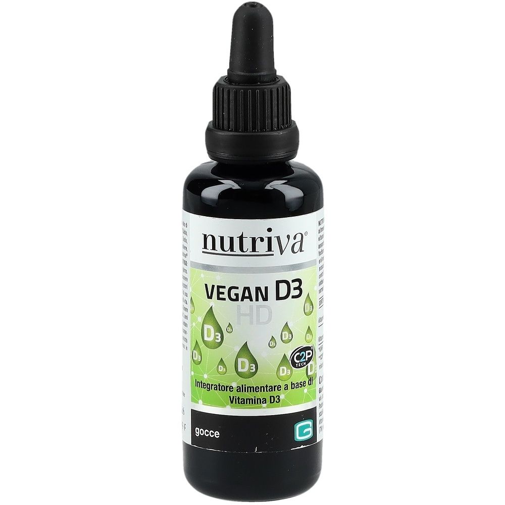 Braune Flasche mit schwarzem Verschluss. Aufschrift: Nutriva Vegan D3 HD. Tropfen mit Vitamin D3.
