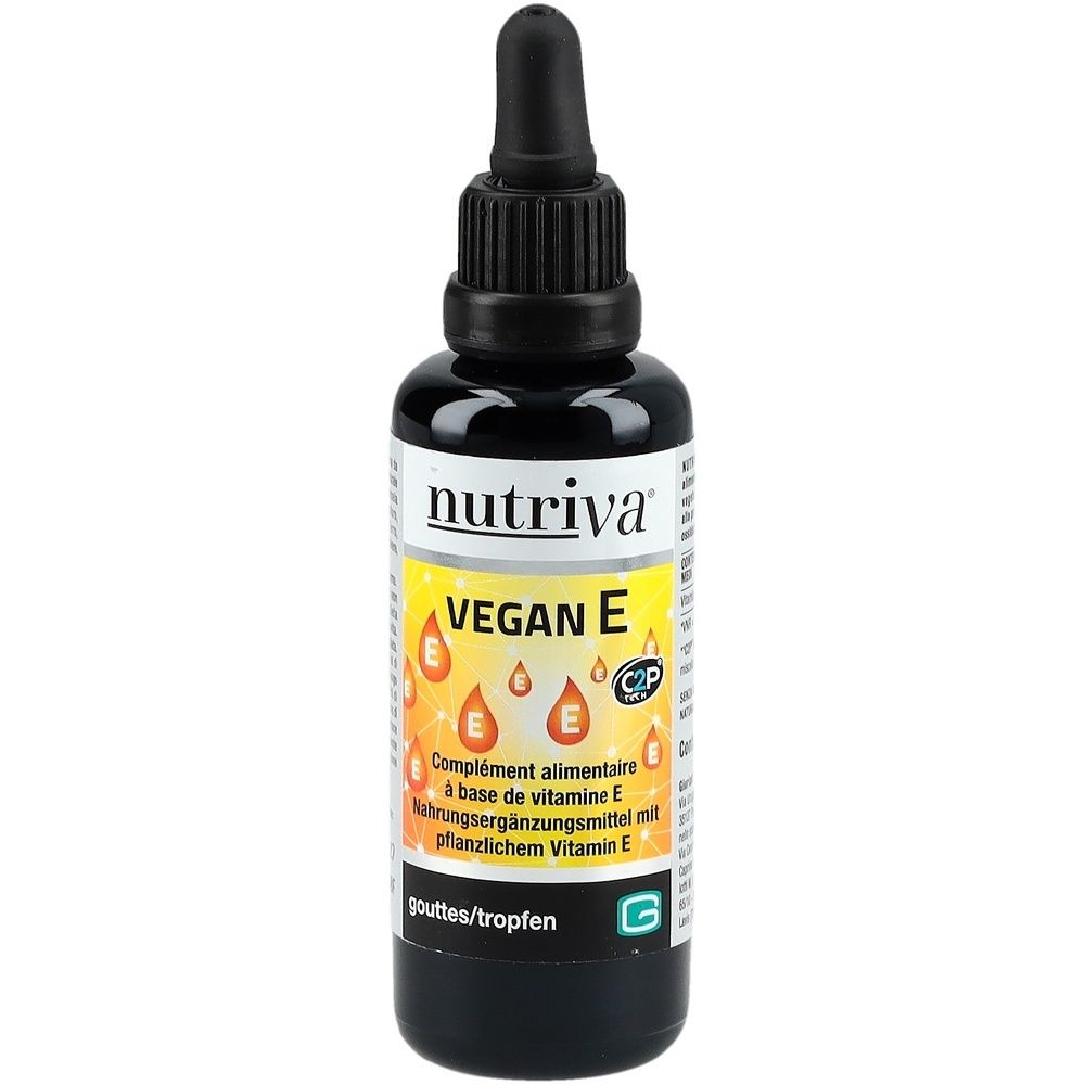 Braune Flasche mit schwarzem Verschluss und Pipette. Aufschrift: Nutriva Vegan E. Enthält Nahrungsergänzungsmittel mit pflanzlichem Vitamin E.
