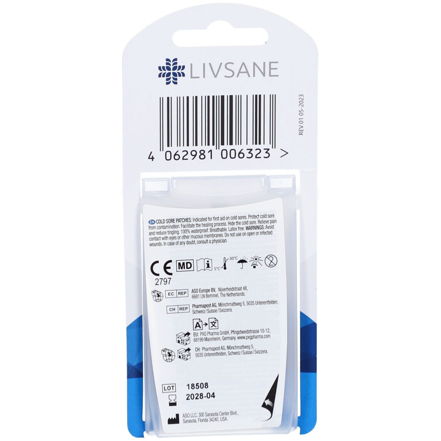 Rückseite der LIVSANE Cold Sore Patches Verpackung. Informationen, Barcode, CE-Kennzeichnung, Chargennummer.