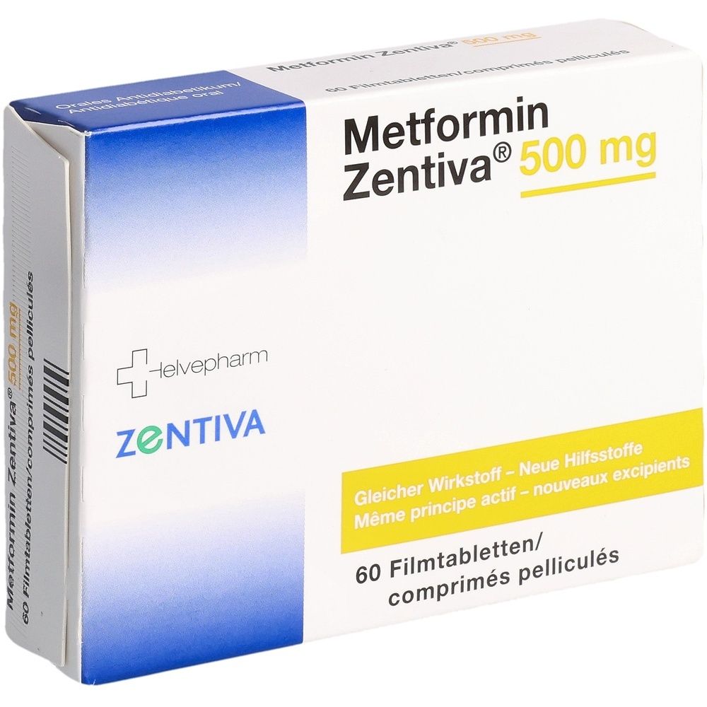 Boîte de comprimés pelliculés Metformin Zentiva 500 mg. Inscription : 60 comprimés. Marque : Zentiva. Accents jaunes et bleus.