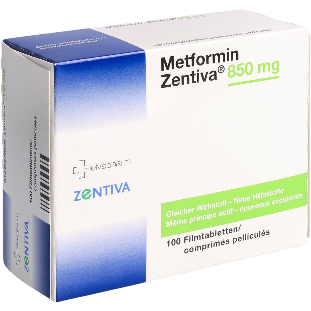Schachtel mit Metformin Zentiva 850 mg Filmtabletten. Aufschrift: 100 Filmtabletten. Grün-weiße Verpackung mit Logo.