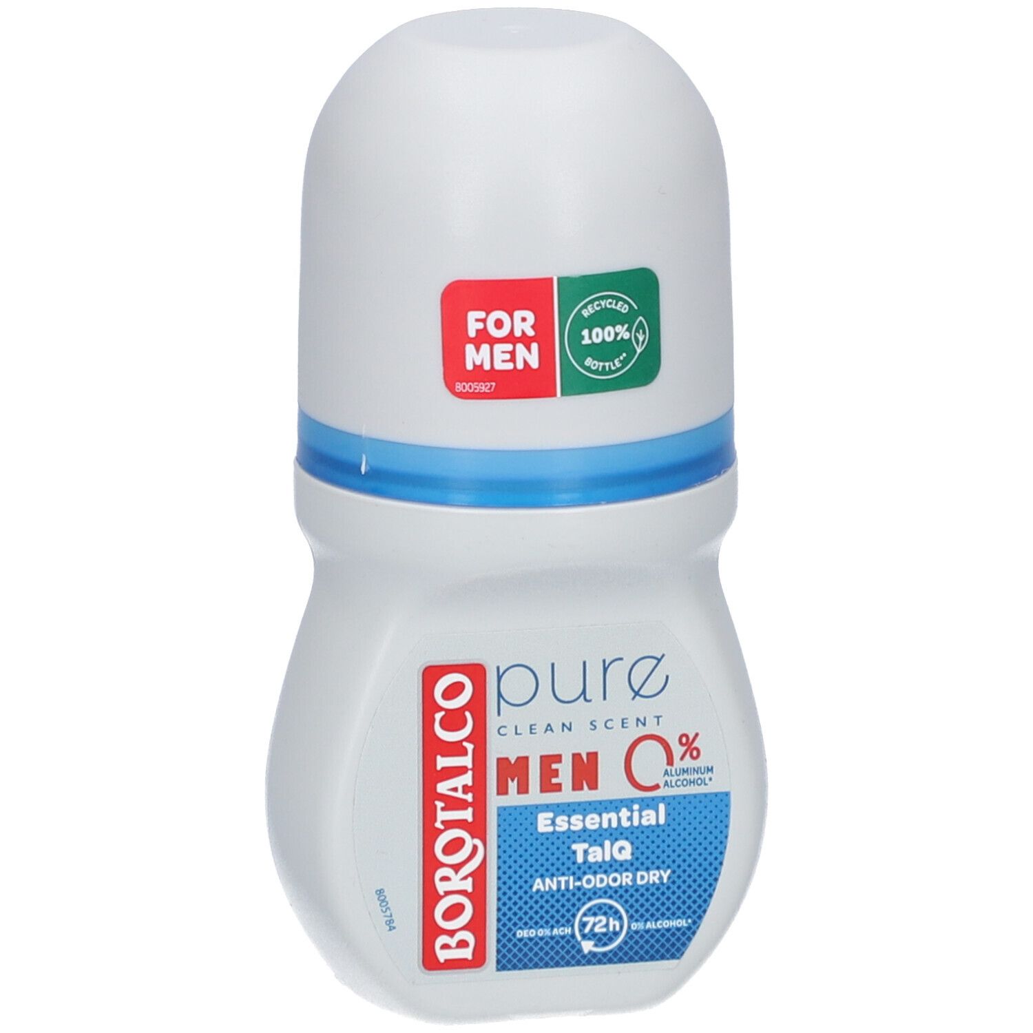 Déodorant roll-on blanc avec bande bleue. Inscriptions : BOROTALCO, MEN 0%, FOR MEN, bouteille 100% recyclée.