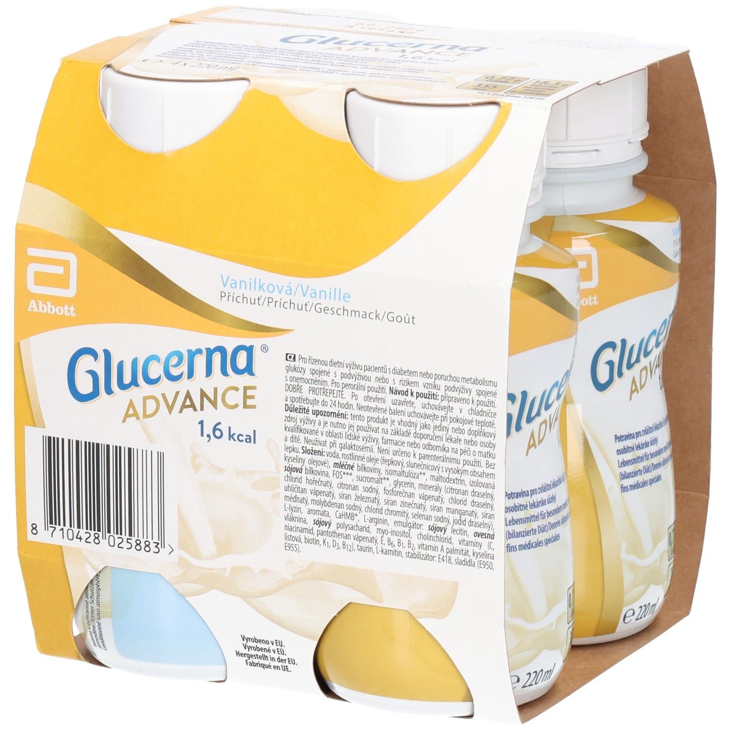 Packung mit vier Flaschen Glucerna Advance, Vanillegeschmack. Flaschen mit weißem Deckel, gelbem Etikett. Marke Abbott.