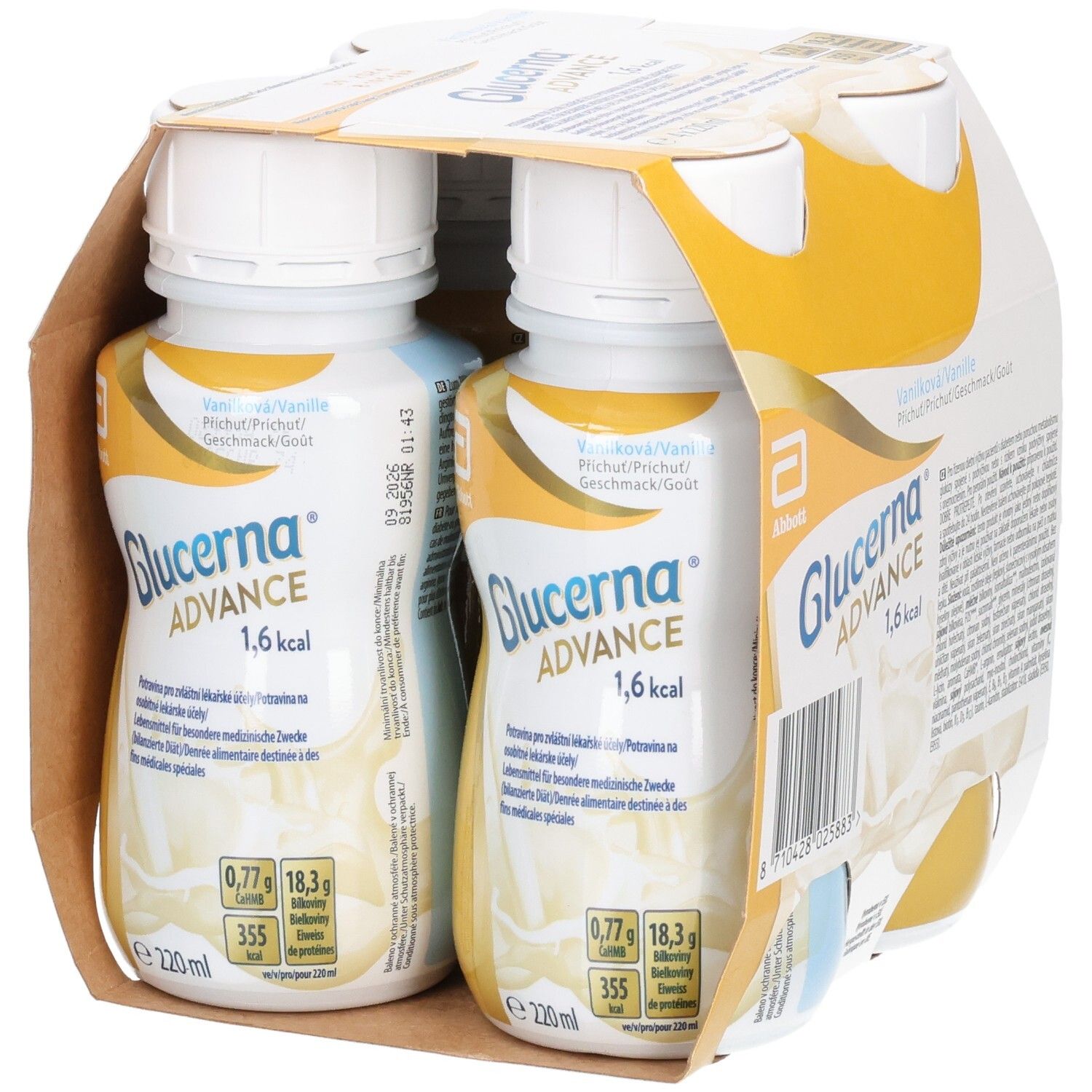 Packung mit zwei Flaschen Glucerna Advance, Vanillegeschmack. Flaschen mit weißem Deckel, gelbem Etikett. Marke Abbott.