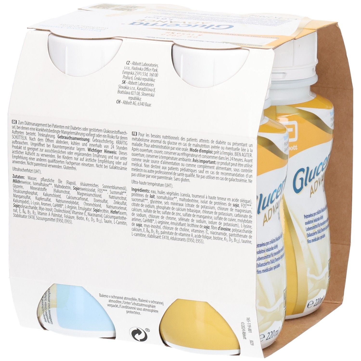 Rückseite der Verpackung mit Informationen zu Glucerna Advance. Text in mehreren Sprachen. Marke Abbott.