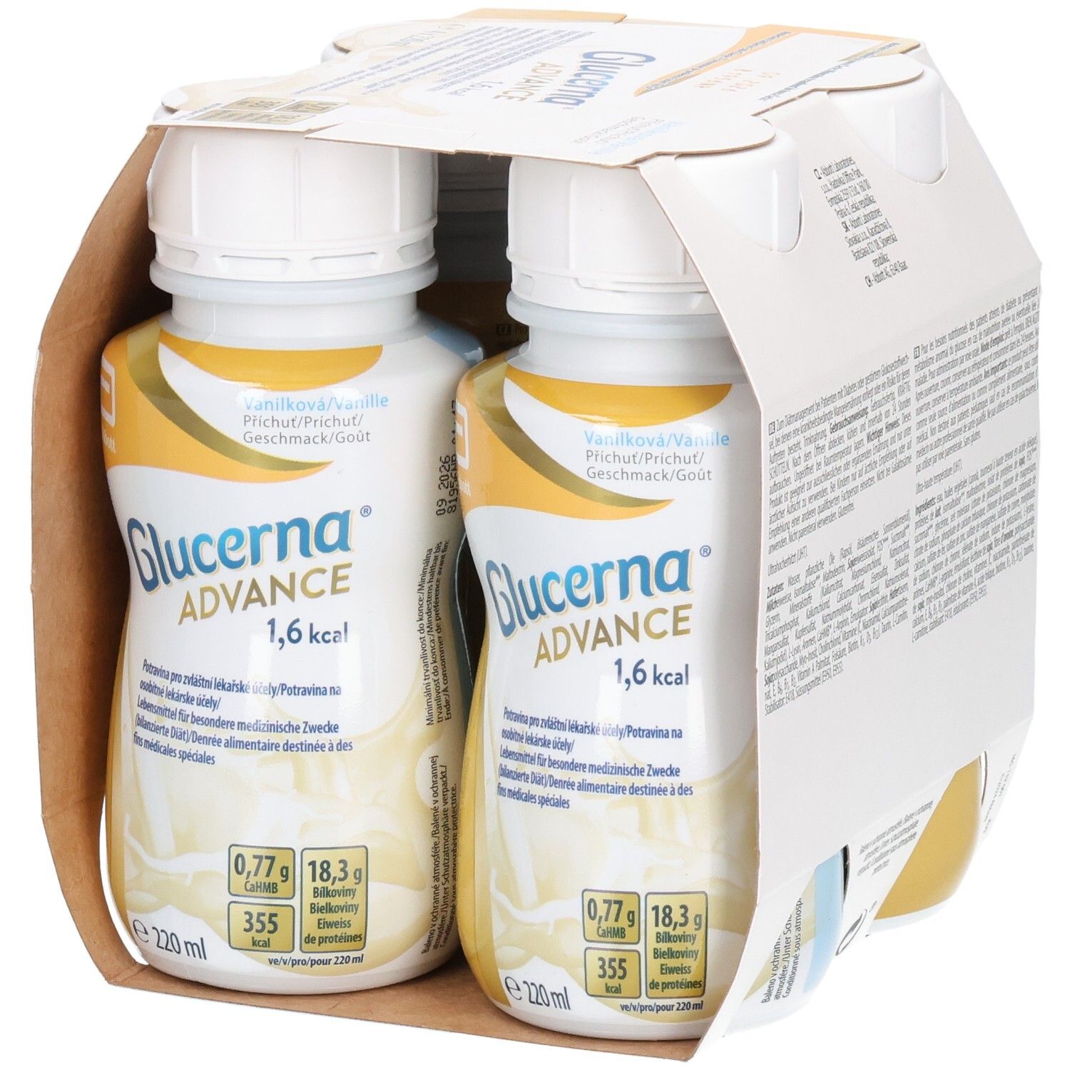 Packung mit zwei Flaschen Glucerna Advance, Vanillegeschmack. Flaschen mit weißem Deckel, gelbem Etikett. Marke Abbott.