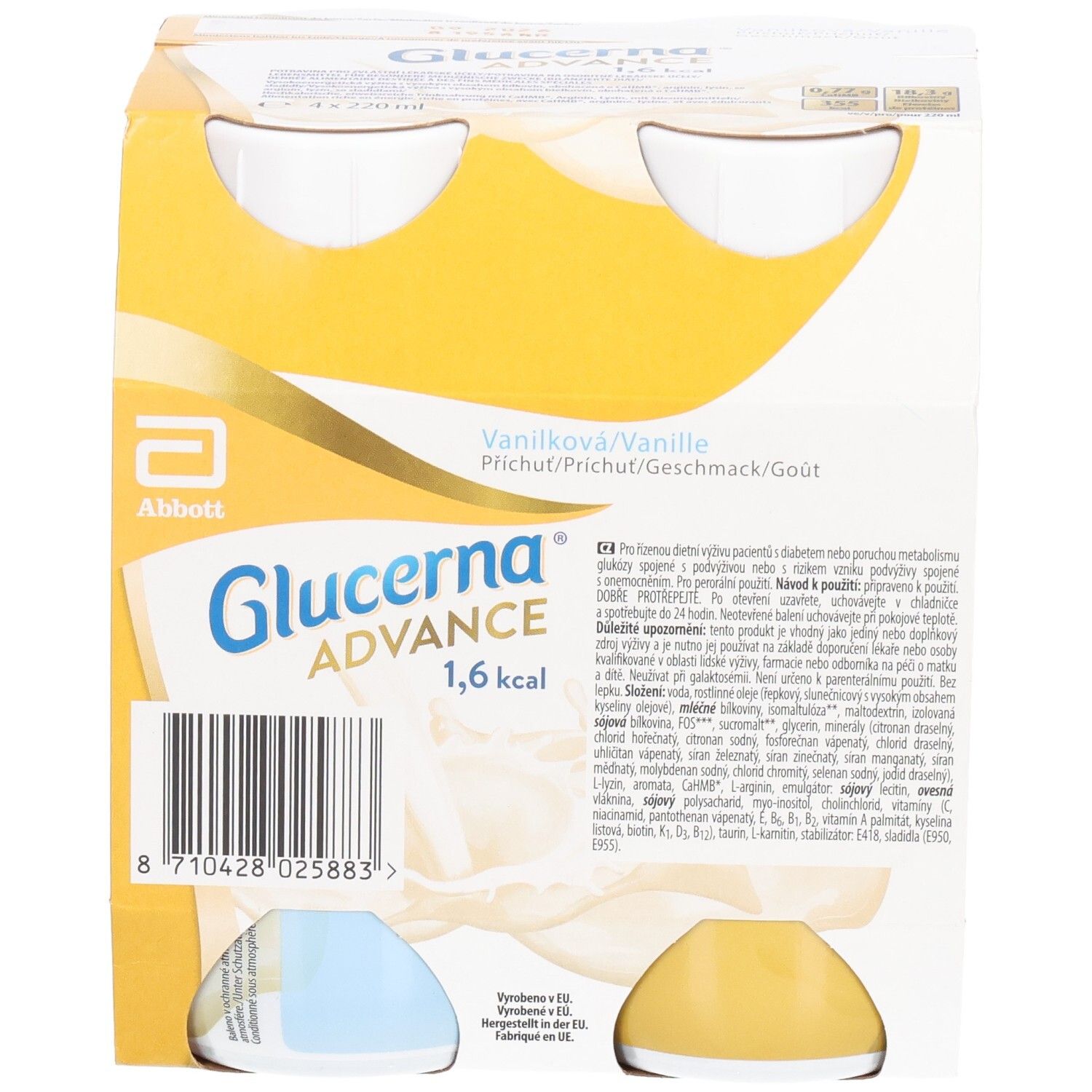 Rückseite der Verpackung mit Informationen zu Glucerna Advance. Text in mehreren Sprachen. Marke Abbott.