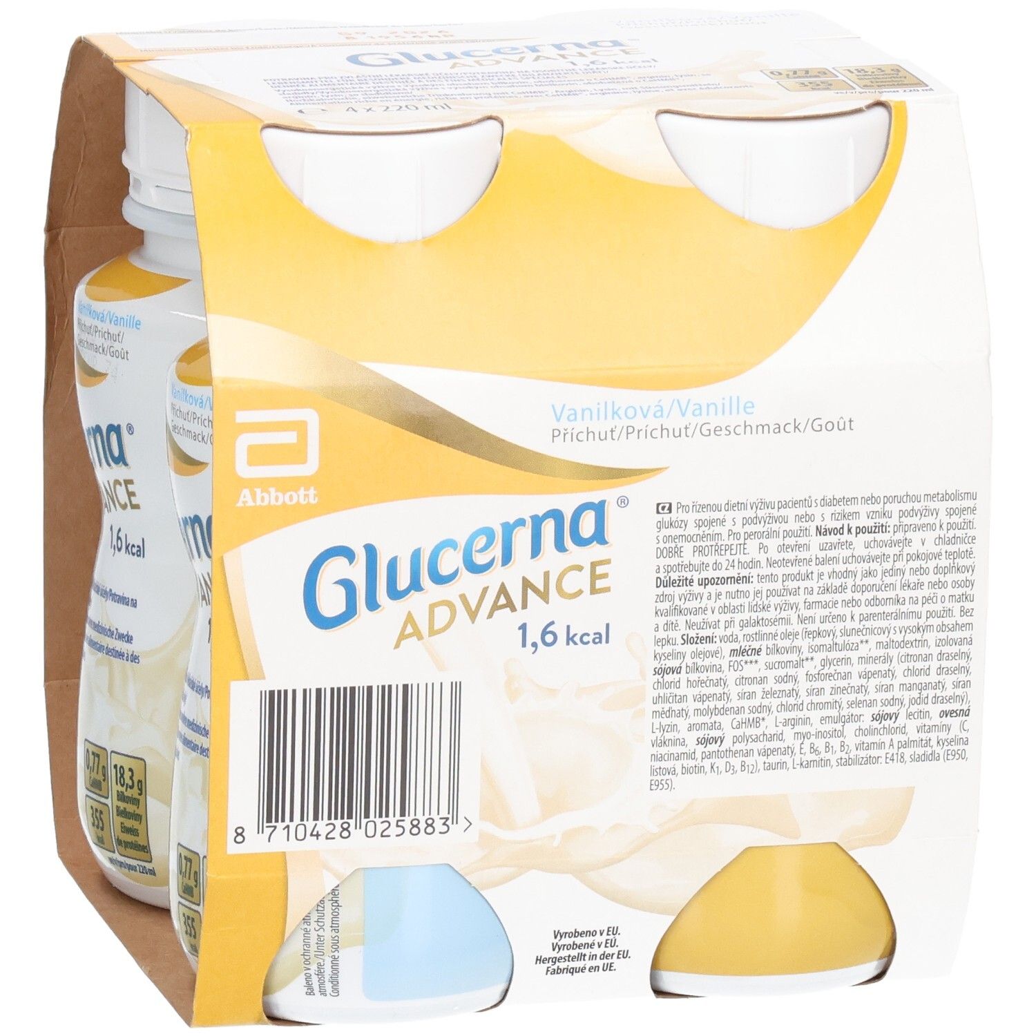 Packung mit zwei Flaschen Glucerna Advance, Vanillegeschmack. Flaschen mit weißem Deckel, gelbem Etikett. Marke Abbott.