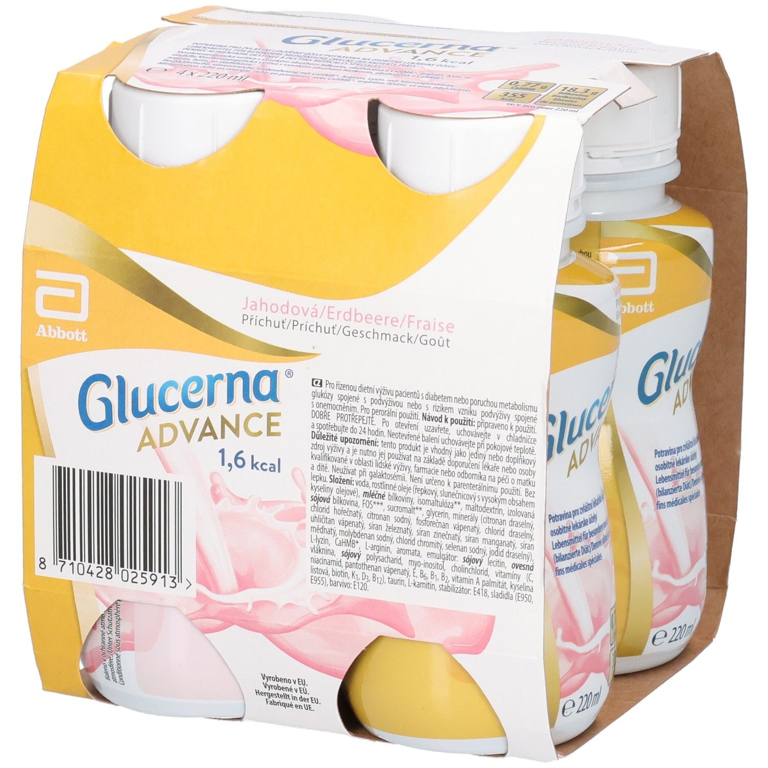 Packung mit vier Flaschen Glucerna Advance 1,6 kcal. Erdbeergeschmack. Abbott-Logo. Kartonverpackung.